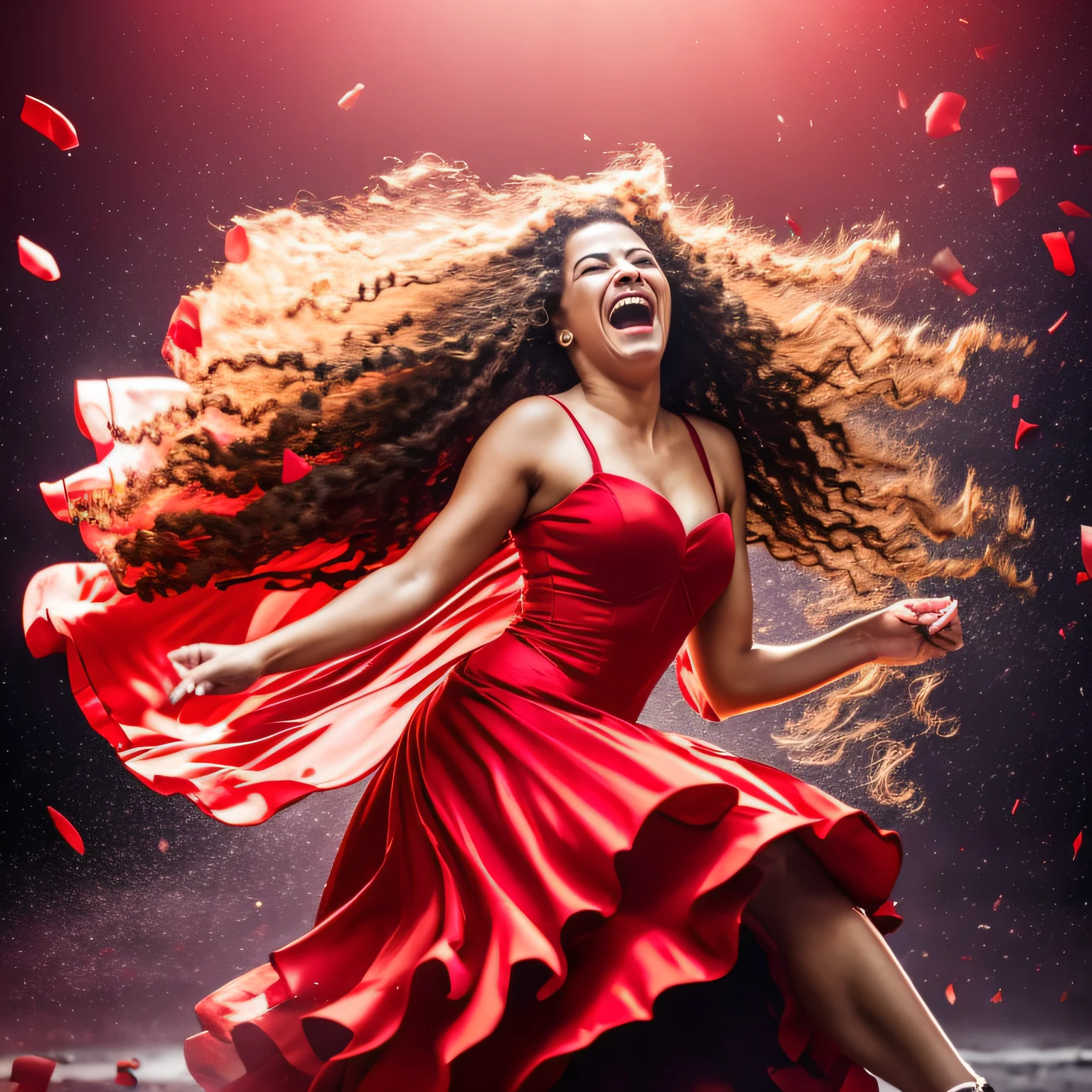 Pombagira laughing, Maria Padilha, elegant red dress, full body, hair thrown on her face, terror. Background: cinematic cabaret, extreme realistic, light particles, maximum focus, realistic body, realistic face, professional lighting, octane render, beautiful features, unlimited light, magnificent, detailed skin texture, extreme details, cinematic lighting, (masterpiece), (ultra detailed), (Ultra-HD), focus --auto --s2