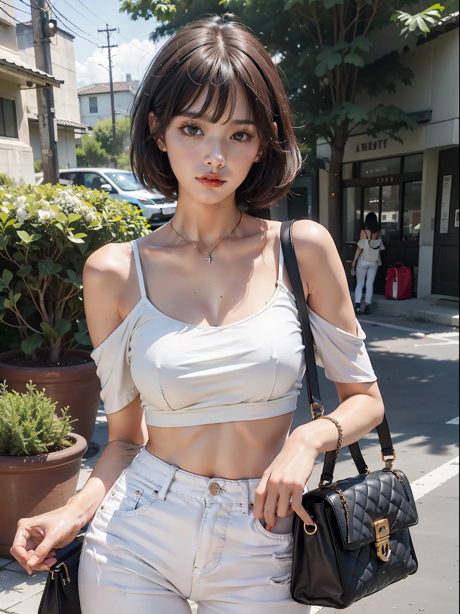 (F: 1.2), (Qi bangs), (Big breasts 1.2), (Morning), (Low-cut off-the-shoulder top), (White jeans), Handbag, Going Out, Looking at the Camera, Full Body, Masterpiece, Realism,