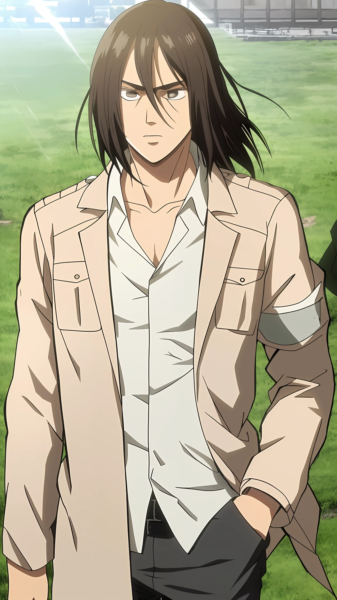 best quality, masterpiece, (realistic: 1.2), 1 man, Eren Jaeger, black jeans, black pants, brown hair, attack on Titan, cold background, black jacket, slim body, high definition, high quality, black clothes