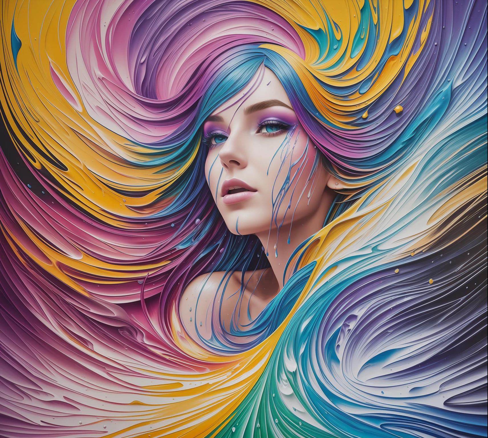 level difference: 1.8),(Painting colliding and splashing on canvas),(depth of field),1the girl's side face blends with it,((side face)),open mouth,(rainbow hair liquid paint:1.1) made of painting and defies gravity, thick flow, (ink splashes: 1.3), liquid state, incredibly beautiful, masterpiece, detailed background, high quality model, ethereal background,  abstract beauty, explosive volumetric, oil painting, heavy brushstrokes, romantic lighting, sub-scattering surface, lens 135 mm, f1.8, brightness, 8k, high resolution, dreamy, ray tracing, hdr, divine rays, --auto --s2