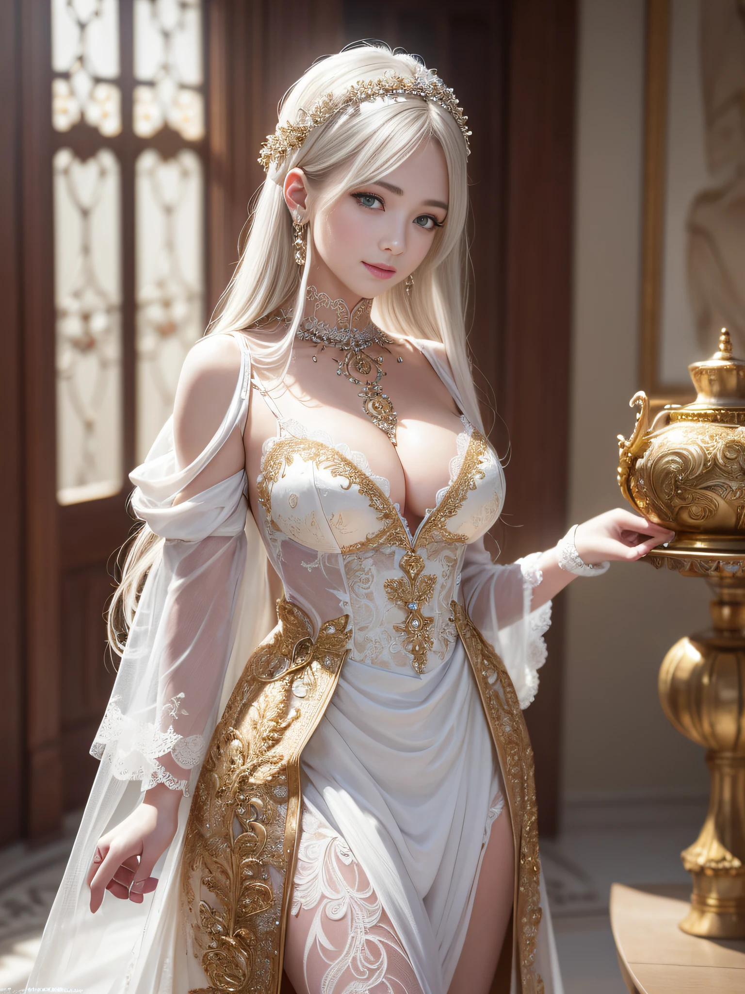 Very beautiful girl, very delicate face, smile, beautiful lace white dress, breasts, gold accessories, white hair, standing, photorealistic, beautiful purple eyes, (puffy eyes), legendary beautiful girl, ((beautiful detailed girl, very detailed eyes and face, intricate details of eyes)), beautiful fair skin, very delicate and beautiful, ((big)), Luxuriously decorated suites, luxury, luxury, beautiful in detail, Natural Light, Face Light, Masterpiece, ultra high res, (high resolution:1.4), Raw photo, Very Delicate and Beautiful, Very Detailed, 8k Resolution, (Realistic, Photorealistic: 1.37), high pixel density,