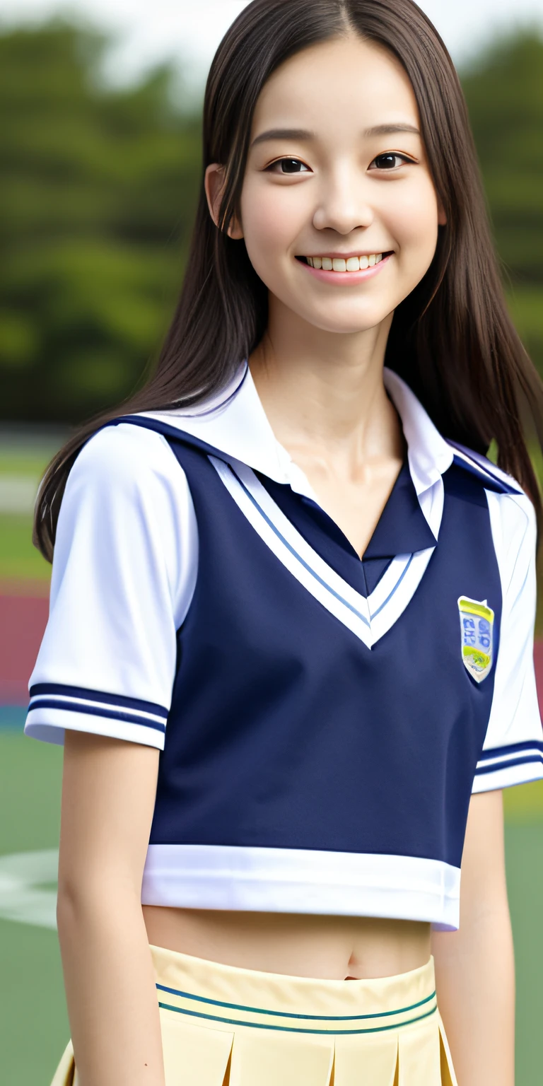 neat college girl, petite person, (school uniform, summer clothes, short sleeves), outside the athletic field, (slim, small, flat, small), photorealistic, detail, skin texture, ultra detail, delicate and sexy collarbone, smile, super detailed face, detailed lips, detailed eyes, double eyelids
