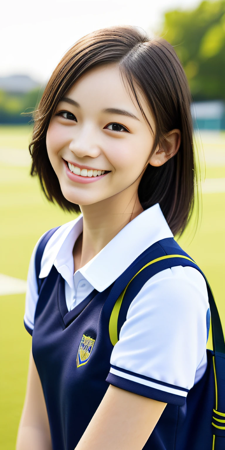 neat college girl, ite person, (school uniform, summer clothes, short sleeves), outside the athletic field, (slim, small, flat, small), photorealistic, detail, skin texture, ultra detail, delicate and sexy collarbone, smile, super detailed face, detailed lips, detailed eyes, double eyelids