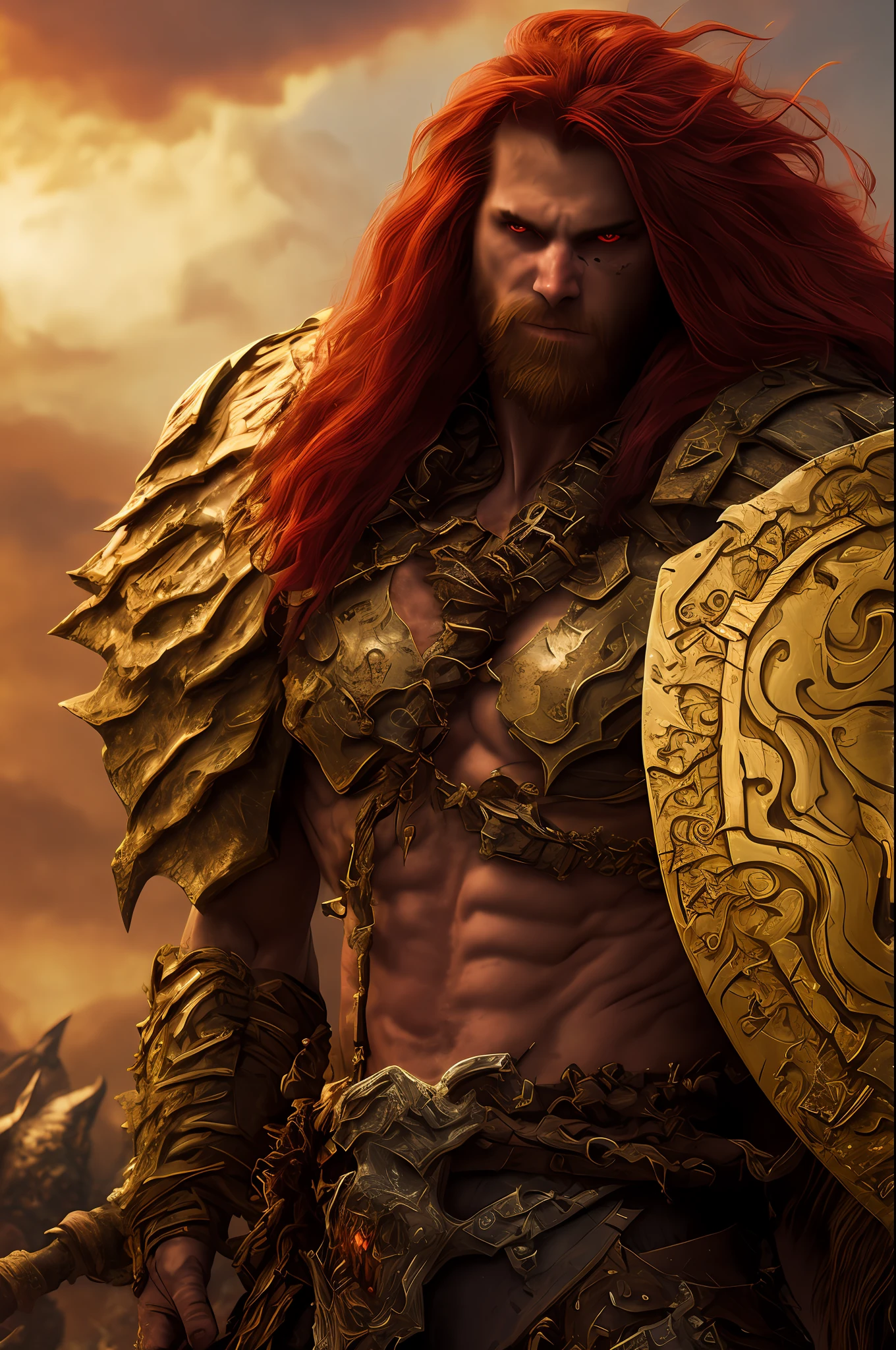 Gold armor, berserker potrait, male barbarian, fantasy art, From his look alone enemies starting to panic, one head,devilish smile, Hell beast, demon, white-fire Sky, warrior, with scythe and shield, beutiful, men, Werelion, long braided red Hair, glowing gold eyes, realisitic, highly detailed, Unreal Engine, 8k-upscale