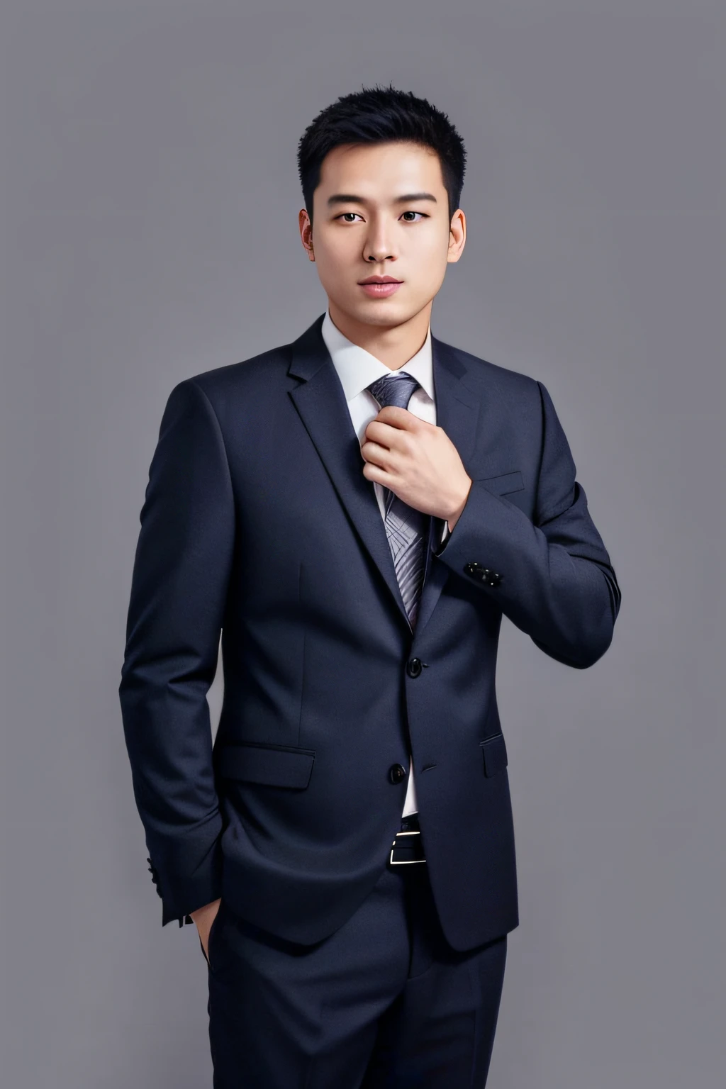 arafed man in a suit adjusting his tie against a gray background, jinyiwei, xintong chen, lei min, qifeng lin, wei wang, professional profile photo, bo feng, chengwei pan, professional profile picture, li zixin, leng jun, chengyou liu, zeng fanzh, yihao ren, liang xing