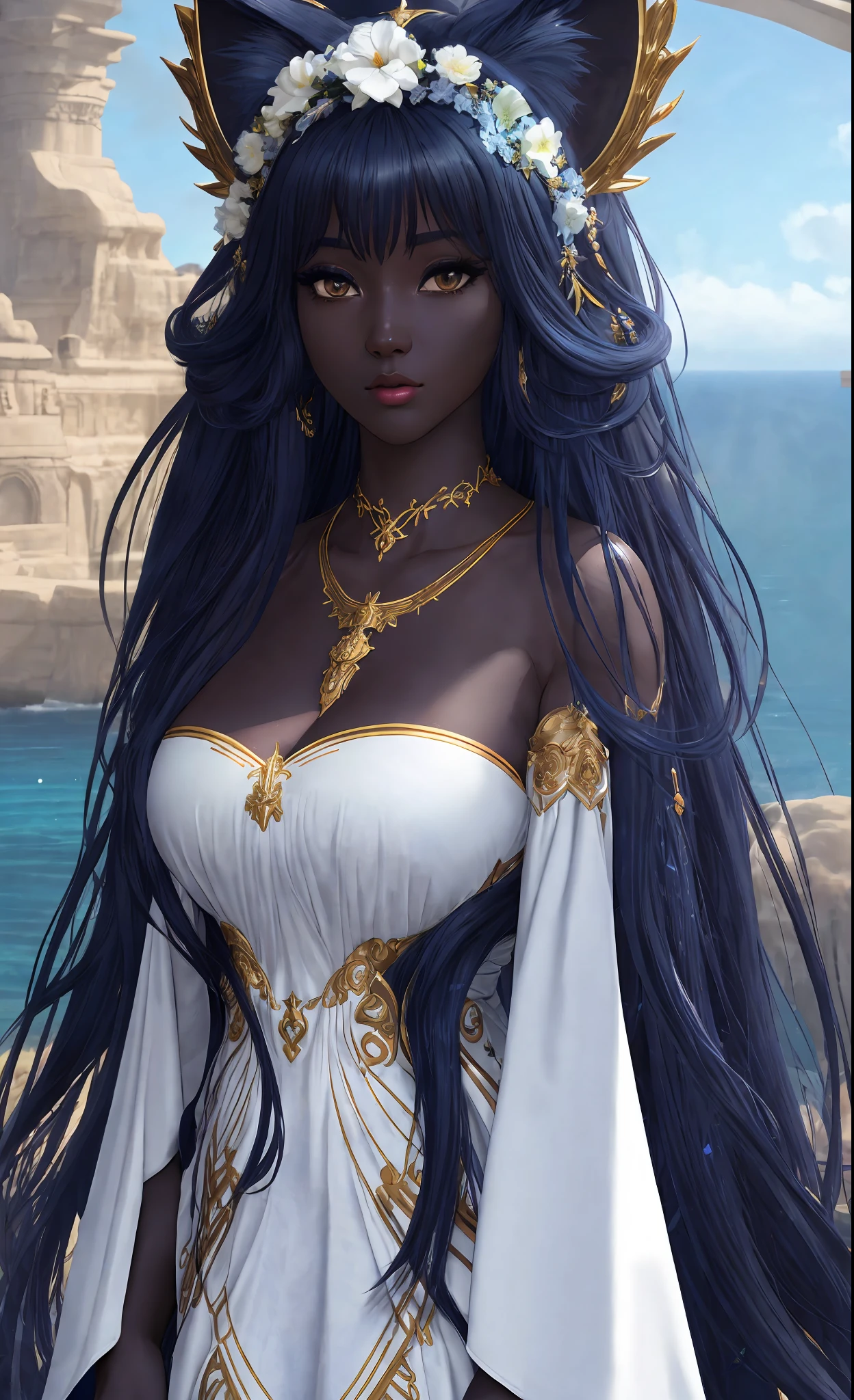 masterpiece, best quality, (extremely detailed CG unity 8k), artstation, (goddess), ((dark blue skin)), (full body), extremely detailed long cat ears, (detailed long white dress), extremely detailed face, (very sexy), ((nsfw)), extremely detailed body, huge breast, (sky background), long hair, long detailed tail,