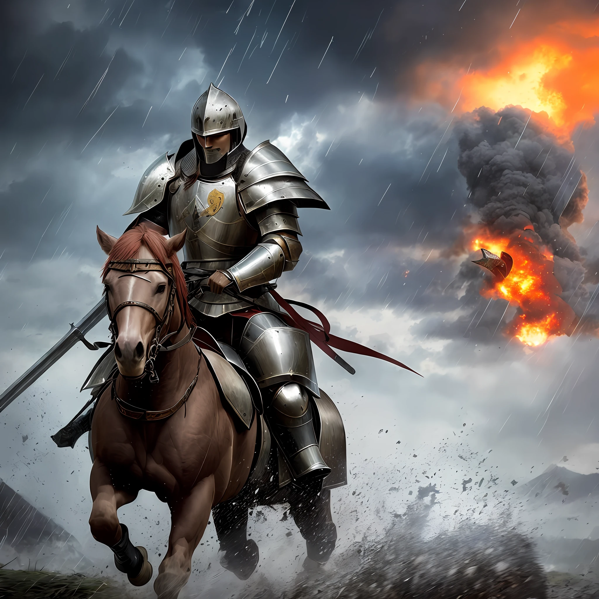 there is a man in armor riding a horse in the rain, holy crusader medieval knight, medieval holy crusader knight, medieval knight, knight on horseback, fantasy knight, medieval fantasy battle, strong fantasy knight, holy crusader medieval, medieval fantasy game art, knights in battle, heavy cavalry, medieval warrior, knight in armor, armored knight, holy medieval crusader