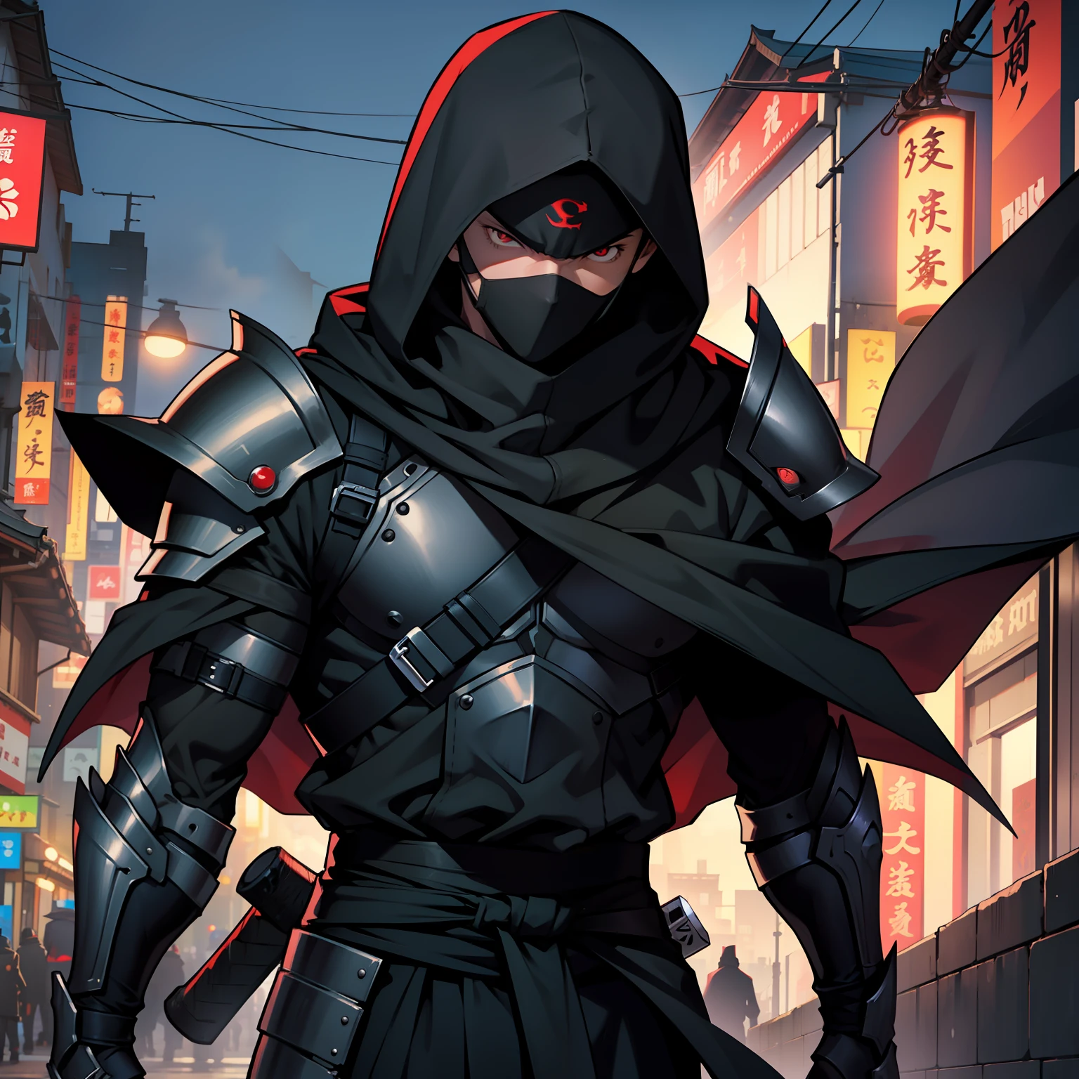 The highest quality, perfect masterpiece, perfect art, 8K, 1male, super hero, Japanese, long black cape, black hood, night, katana on the back, serious, cold, mask in the eyes, red eyes, pistols at the waist, on top of a building, vigilant, trained physique, ninja style, black clothing all over the body, agile, light armor, anime