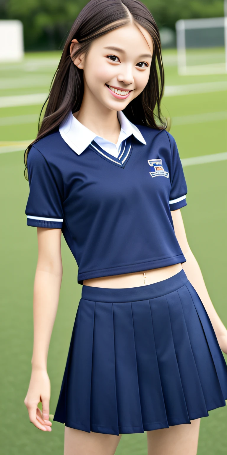 neat college girl, petite person, (school uniform, summer clothes, short sleeves), outside the athletic field, (slim, small, flat, small), photorealistic, detail, skin texture, ultra detail, delicate and sexy collarbone, smile, super detailed face, detailed lips, detailed eyes, double eyelids