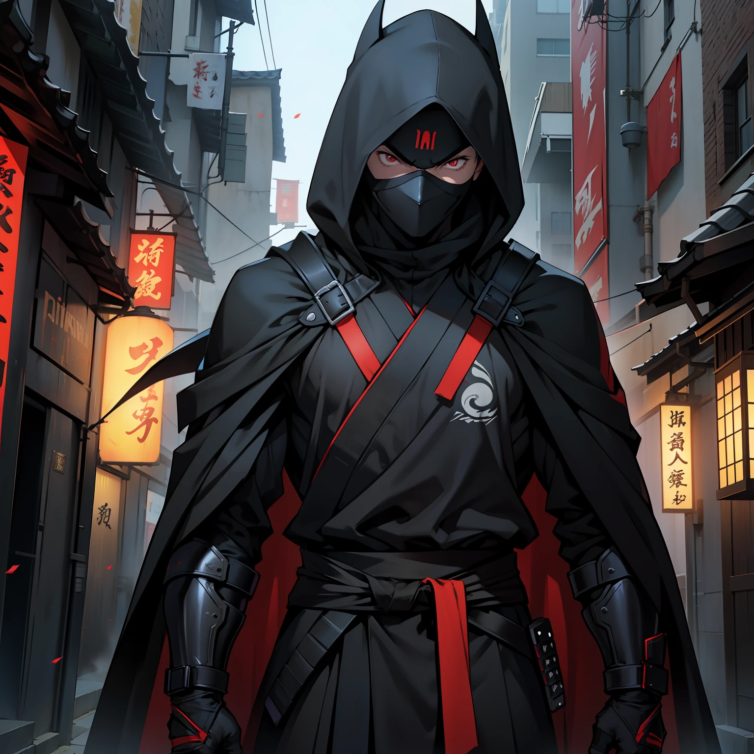 The highest quality, perfect masterpiece, perfect art, 8K, 1male, super hero, Japanese, long black cape, black hood, night, katana on the back, serious, cold, mask in the eyes, red eyes, pistols at the waist, on top of a building, vigilant, trained physique, ninja style, black clothing all over the body, agile, light armor, anime