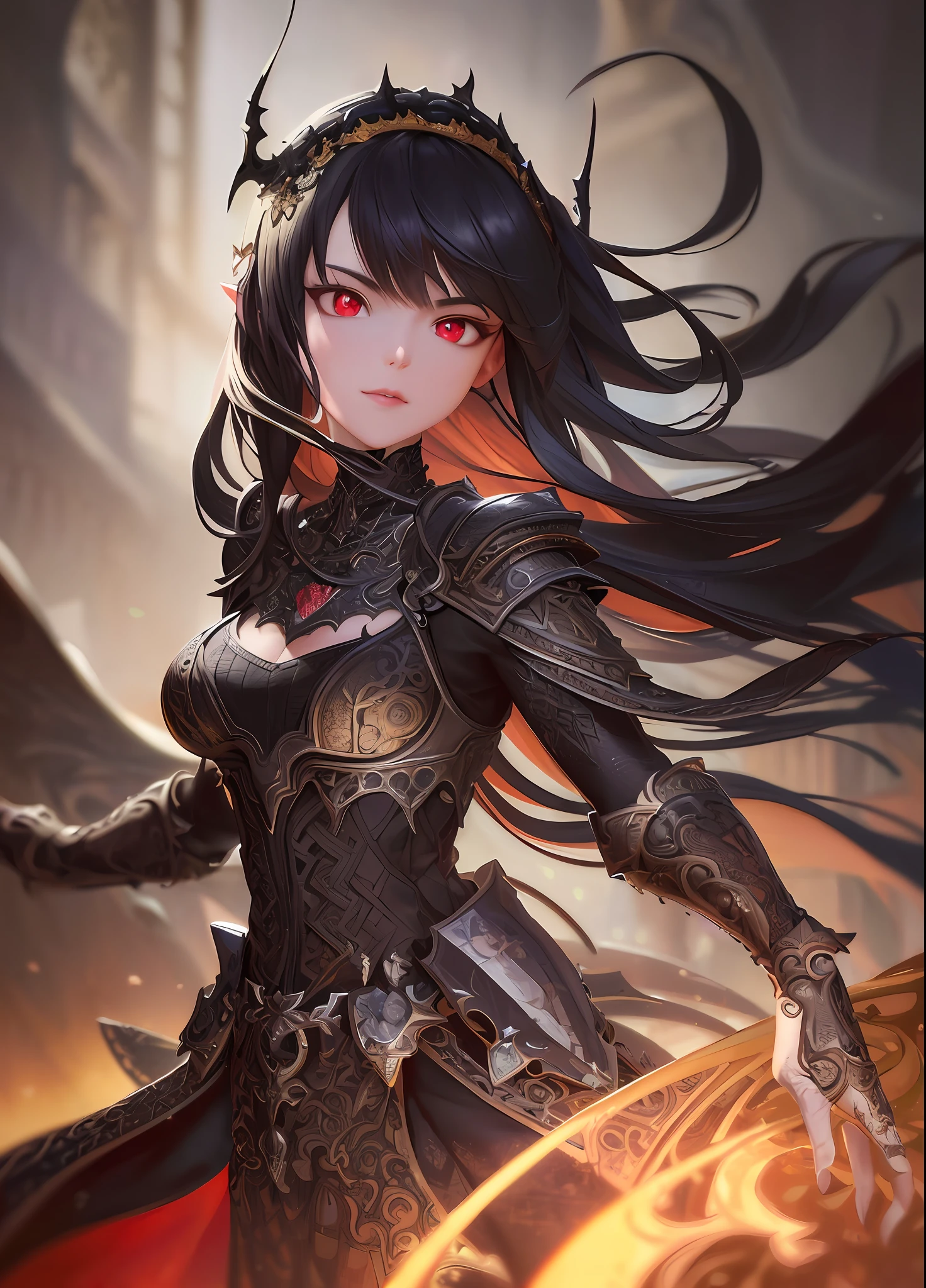 Analog style, (((intricate details)), full torso shot, cold lighting, beautiful, (pale gothic evil princess), (black hair), (complex), (skewed onyx dress armor)), (intricate jagged obsidian crown), dynamic poses, hair fluttering in the wind, perfect face, (realistic eyes), round iris, ((red eyes))), perfect eyes, complex, intricate, Helios 44-2, swirl bokeh, artstation trends, sharp focus, studio photography, intricate detail, very detailed, sharp, dnd character portrait, (oil on canvas), perfect lighting, masterpiece, detailed background, portrait by artgerm and greg rutkowski, cinematic lighting, 8k