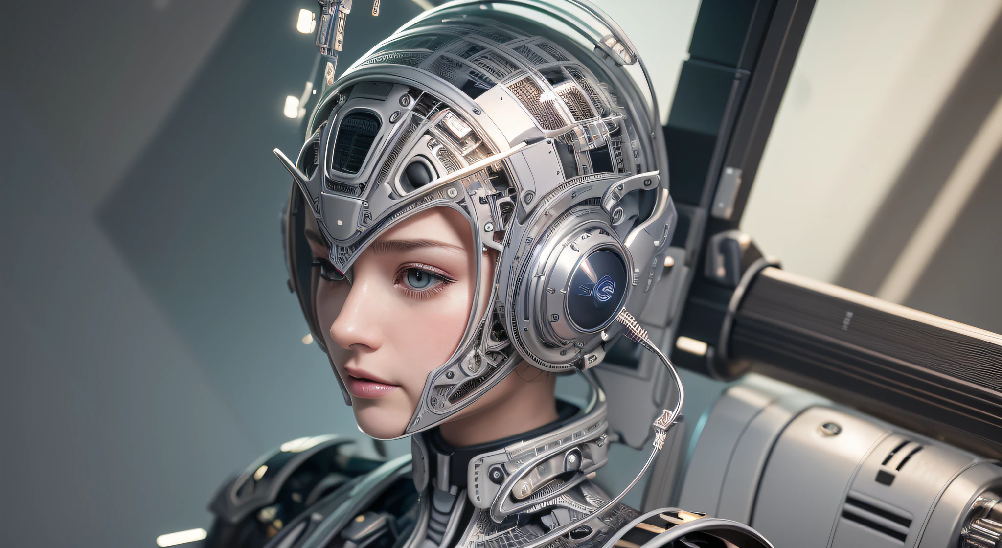 Intricate 3d rendering of highly detailed beautiful ceramic silhouette female robot face, robot, robot part, 150 mm, beautiful studio soft light, rim light, vibrant details, luxurious cyberpunk, lace, surreal, anatomy, facial muscles, cables wires, microchip, elegant, beautiful background, octane rendering, HR Giger style, 8k, best quality, masterpiece, illustration, very delicate and beautiful, very detailed, CG, unity, wallpaper , (fidelity, fidelity: 1.37), amazing, fine detail, masterpiece, best quality, official art, very detailed cg unity 8k wallpaper, absurd, unbelievably absurd, robot, silver helmet, full body, sitting write