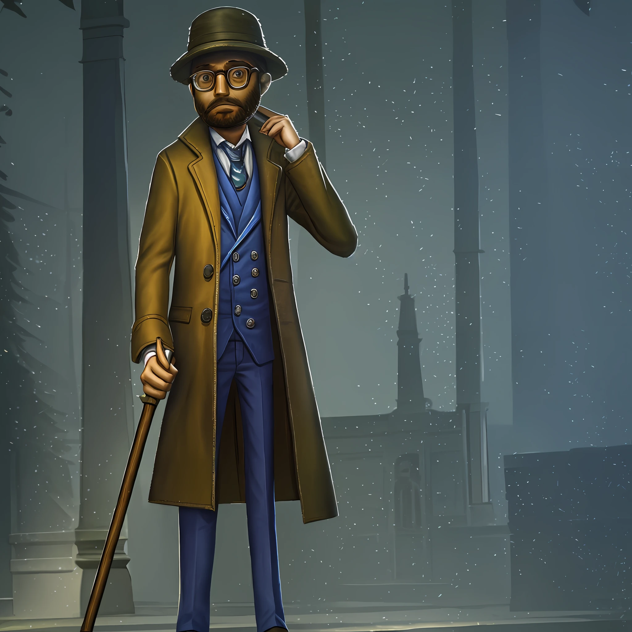 Brown long coat, masterpiece, high quality, young boy, blue bucket hat, glasses, no beard, holding one long cane, facing the front, looking at the camera, full body, center of the screen