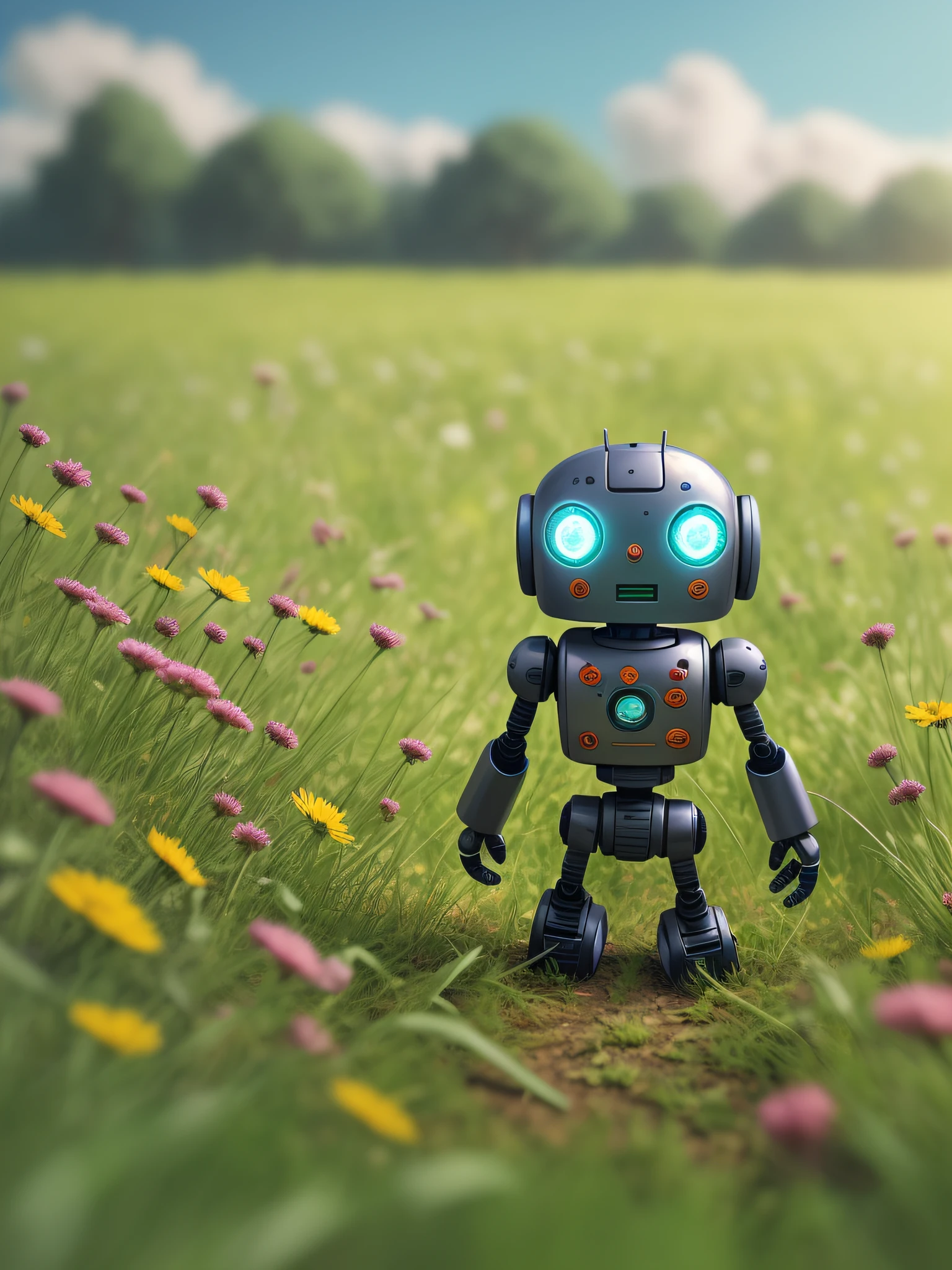 single broken down cute little robot,covered in grass and flower,surrounded by weeds,gorgeous dramatic sce,dark color,digital art,upscales-imagine -