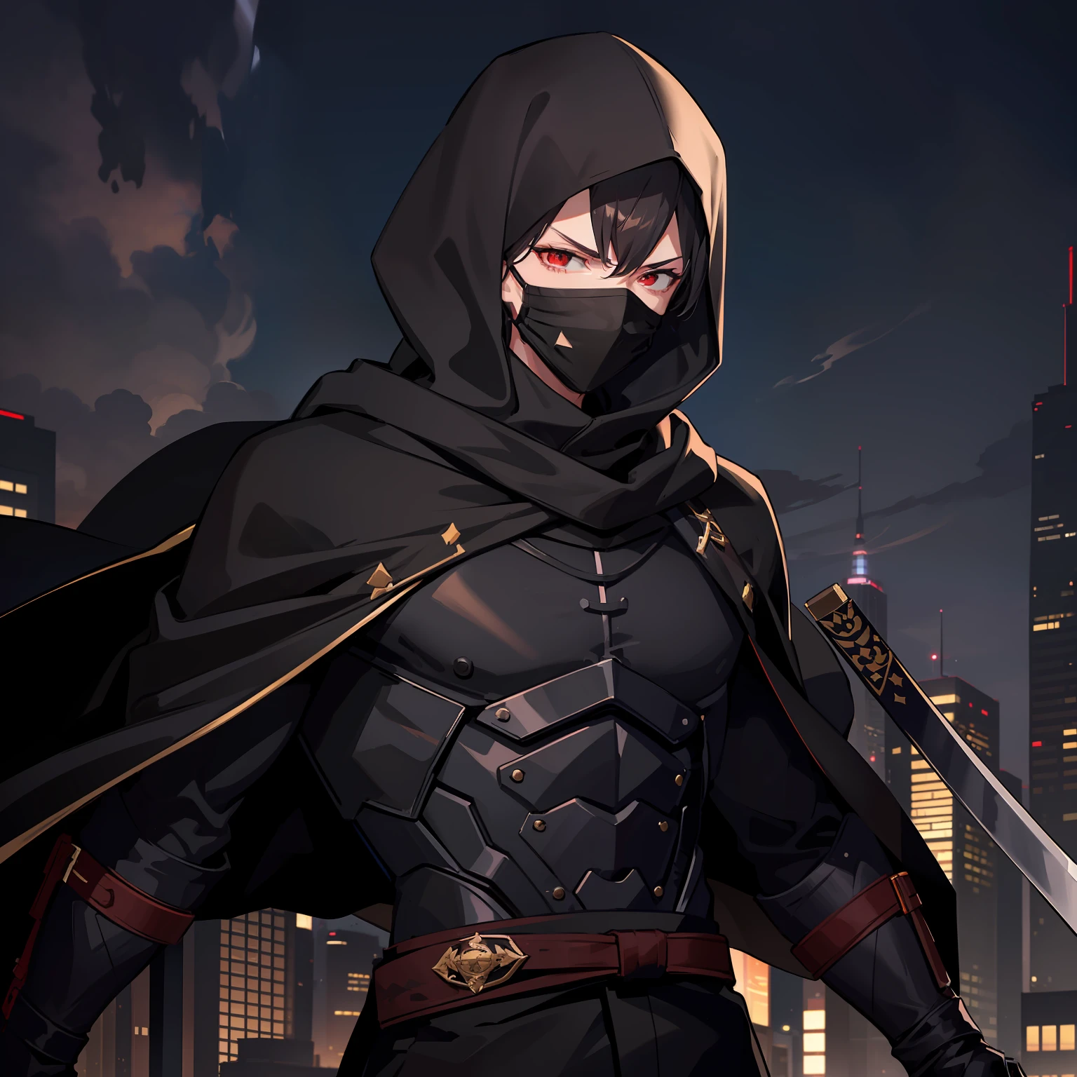 The highest quality, the perfect masterpiece, perfect art, 8K, 1male, super hero, Japanese, long black cape, black hood, night, katana on the back, serious, cold, mask in the eyes, red eyes, pistols at the waist, on top of a building, vigilante, trained physique, ninja style, black clothing all over the body, agile, light armor, hq