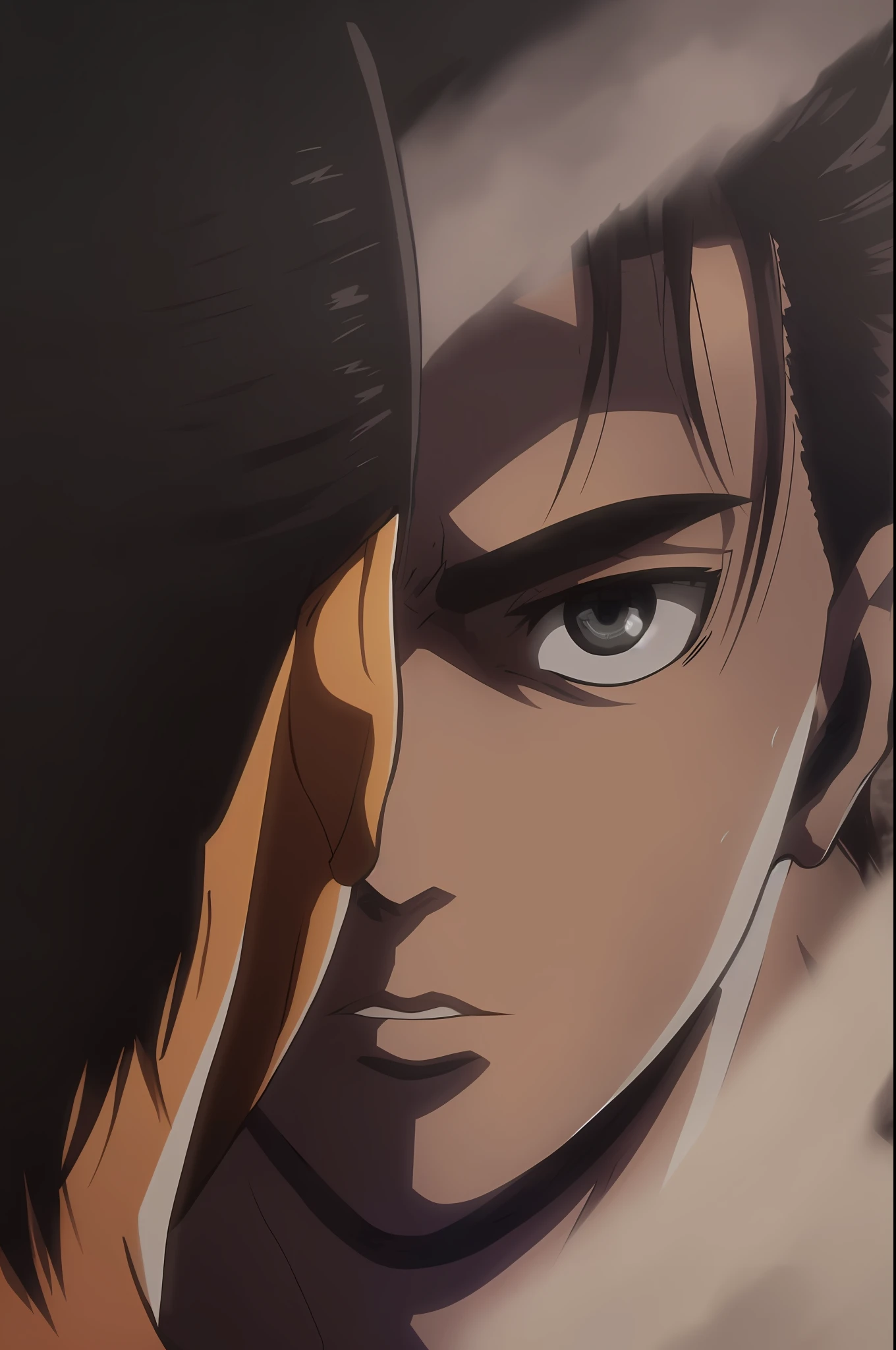 best quality, masterpiece, (realistic: 1.2), 1 man, Eren Jaeger, black jeans, black pants, brown hair, attack on Titan, cold background, black jacket, slim body, high definition, high quality, black clothes