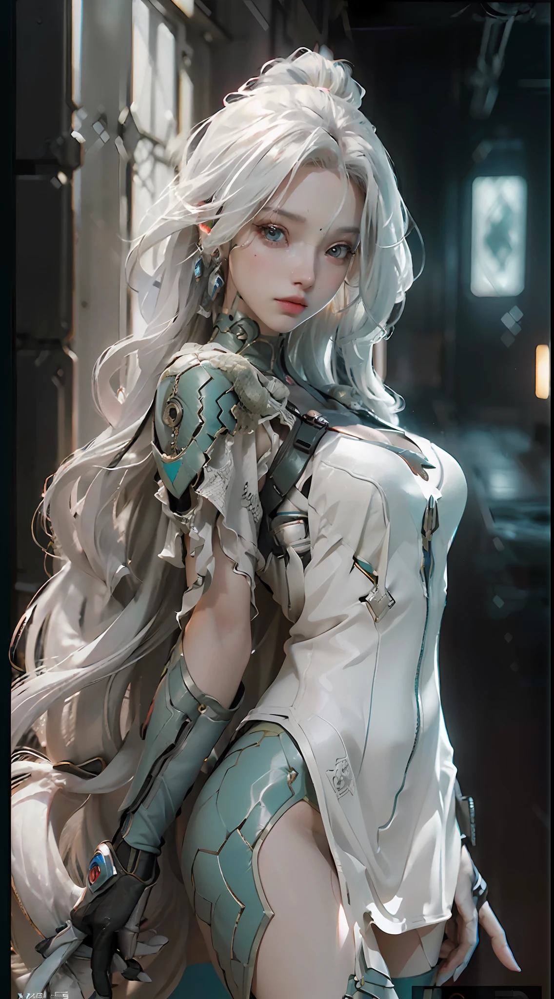 (Best Quality), ((Masterpiece), (Detail: 1.7), 3D, A Beautiful Cyberpunk Female Figure, HDR (High Dynamic Range), Ray Tracing, NVIDIA RTX, Super-Resolution, Unreal 5, Subsurface Scattering, PBR Textures, Post-Processing, Anisotropic Filtering, Depth of Field, Maximum Clarity and Clarity, Multi-layer Textures, Albedo and Highlight Maps, Surface Shading, Precise simulation of light-material interactions, perfect proportions, Octane Render, two-color light, large aperture, low ISO, white balance, rule of thirds, 8K RAW, Queen Medusa, hair is a snake, cute face