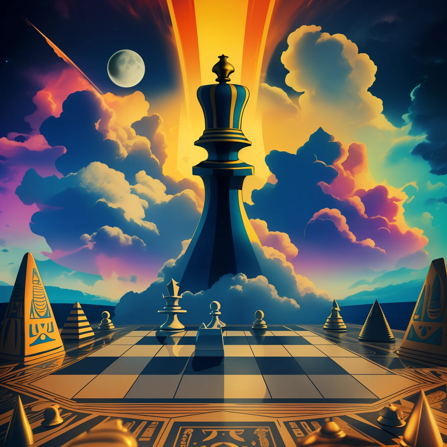 (best quality), (surrealist chessboard setting with top view), (cloud with Egyptian eye), (Moon and Saturn) highlighted, (two hands holding a vial of Ritalin), (vibrant colors), (texture and style in 8k), (dynamic aspect ratio and shape).