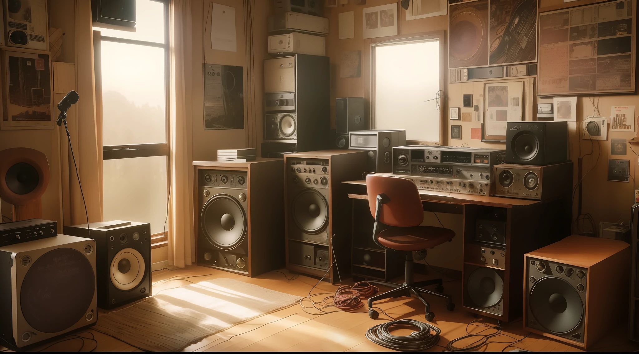 grainy old realistic photo of a crowded messy dusty, cozy audio studio with vintage amps, guitars, keyboards, old used speakers, wires, microphones, musical instruments, audio equipment, in 1973, posters on the wall, paper notes on the floor, extreme high quality, volumetric lighting, light rays shining trough the windows, cinematic lighting, backlights, crimson sunset, depth of field, retro, low angle shot, perspective, ambient occlusion, misty, old, warm, intimate by Chris Burkard