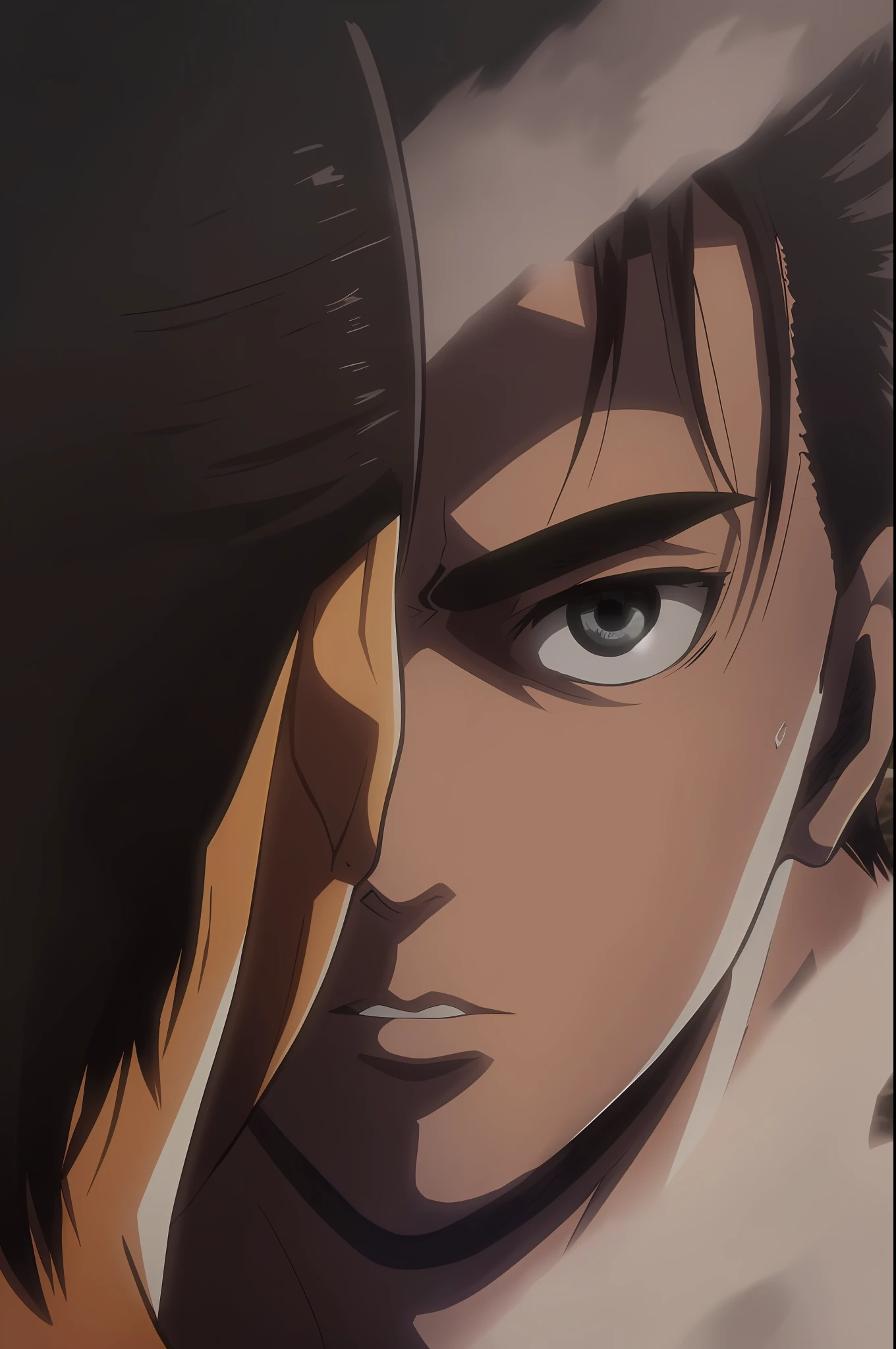best quality, masterpiece, (realistic: 1.2), 1 man, Eren Jaeger, black jeans, black pants, brown hair, attack on Titan, cold background, black jacket, slim body, high definition, high quality, black clothes