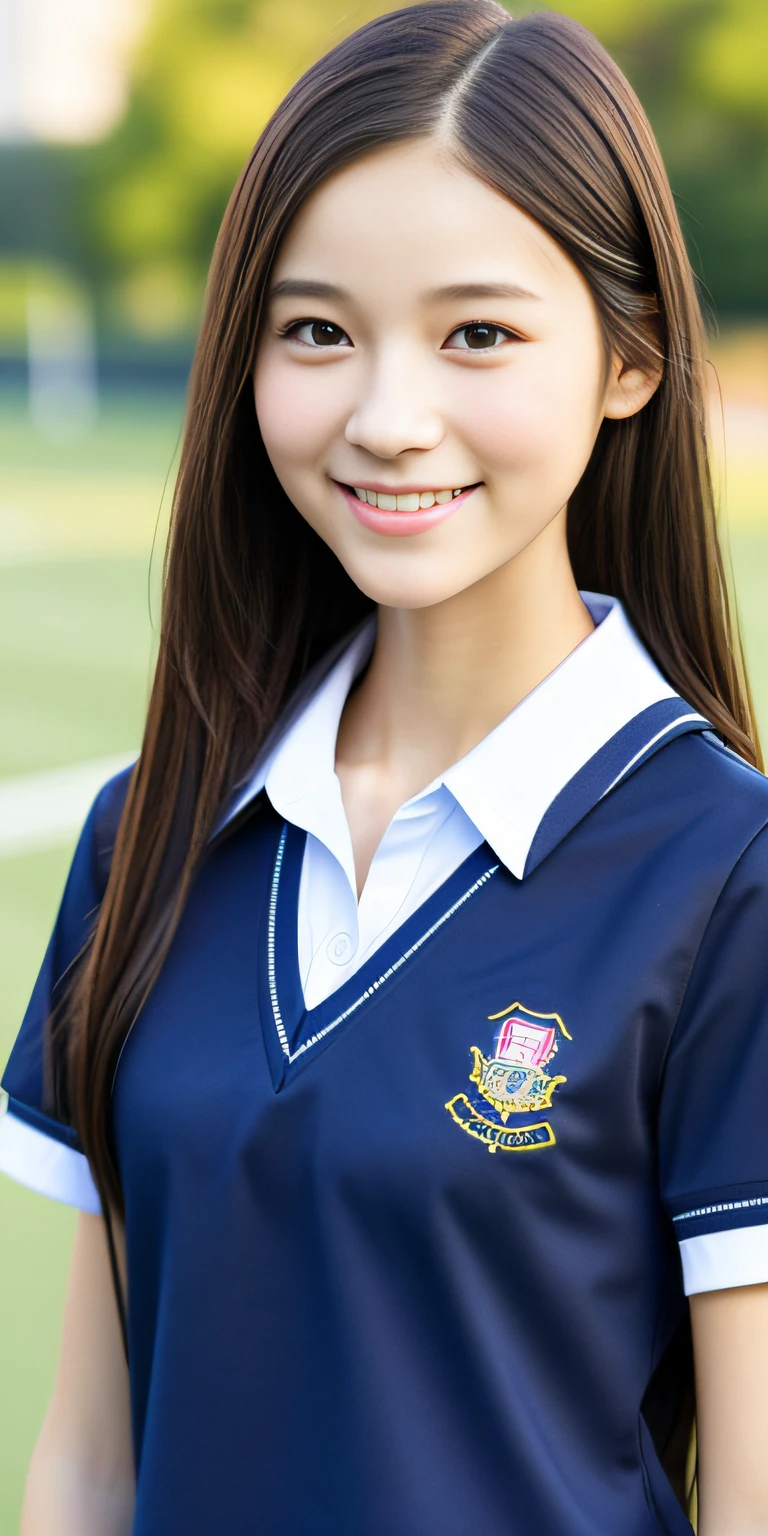 neat college girl, petite person, (school uniform, summer clothes, short sleeves), outside the athletic field, (slim, small, flat, small), photorealistic, detail, skin texture, ultra detail, delicate and sexy collarbone, smile, super detailed face, detailed lips, detailed eyes, double eyelids
