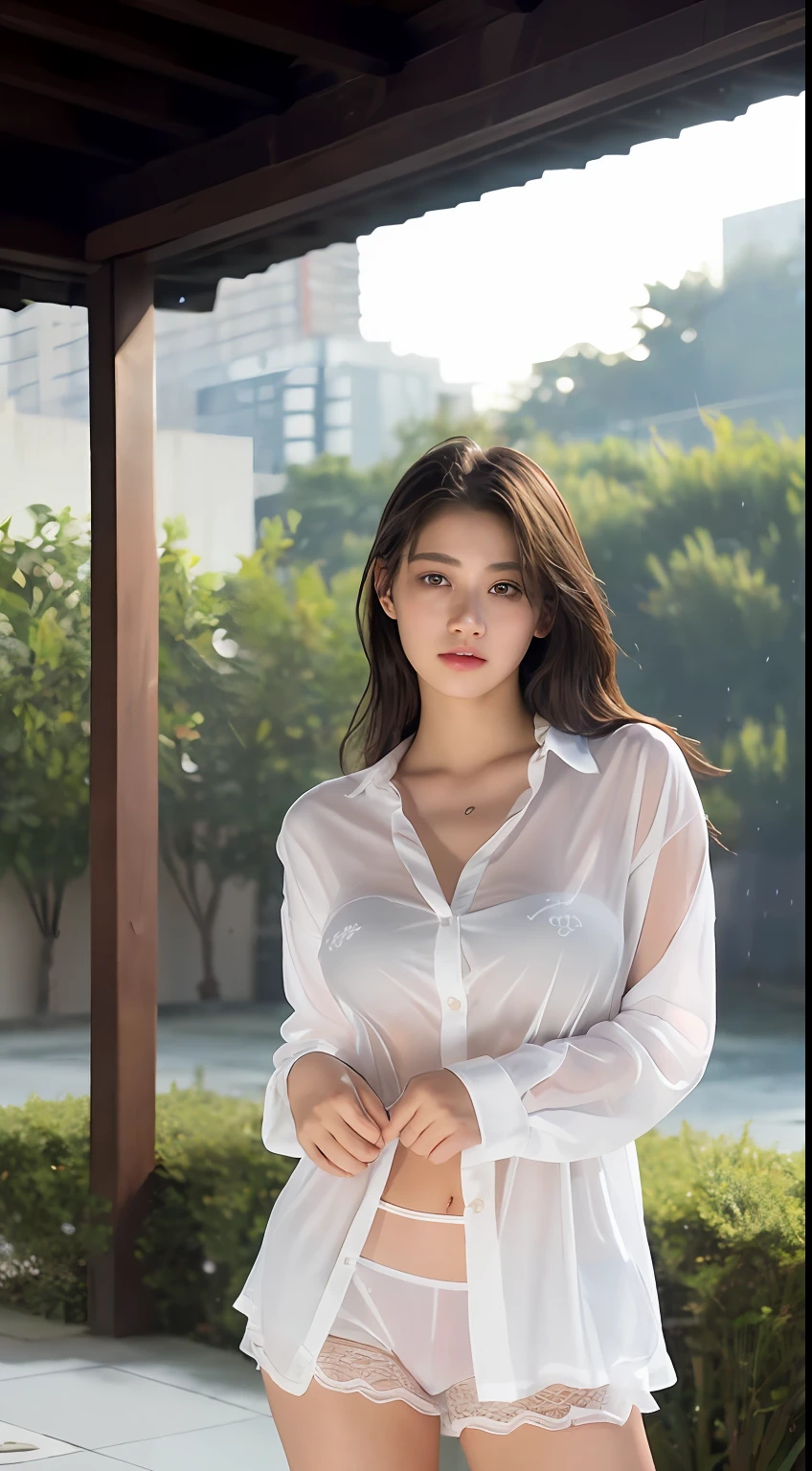 1girl, 18 years old, mix4, (8k, RAW photo, best quality, masterpiece:1.2), (realistic, photorealistic:1.37), cute, night, rain, humid, professional lighting, photon mapping, radiosity, physically based rendering, ultra high resolution, (medium breasts: 1.2), transparent shirt, no underwear,