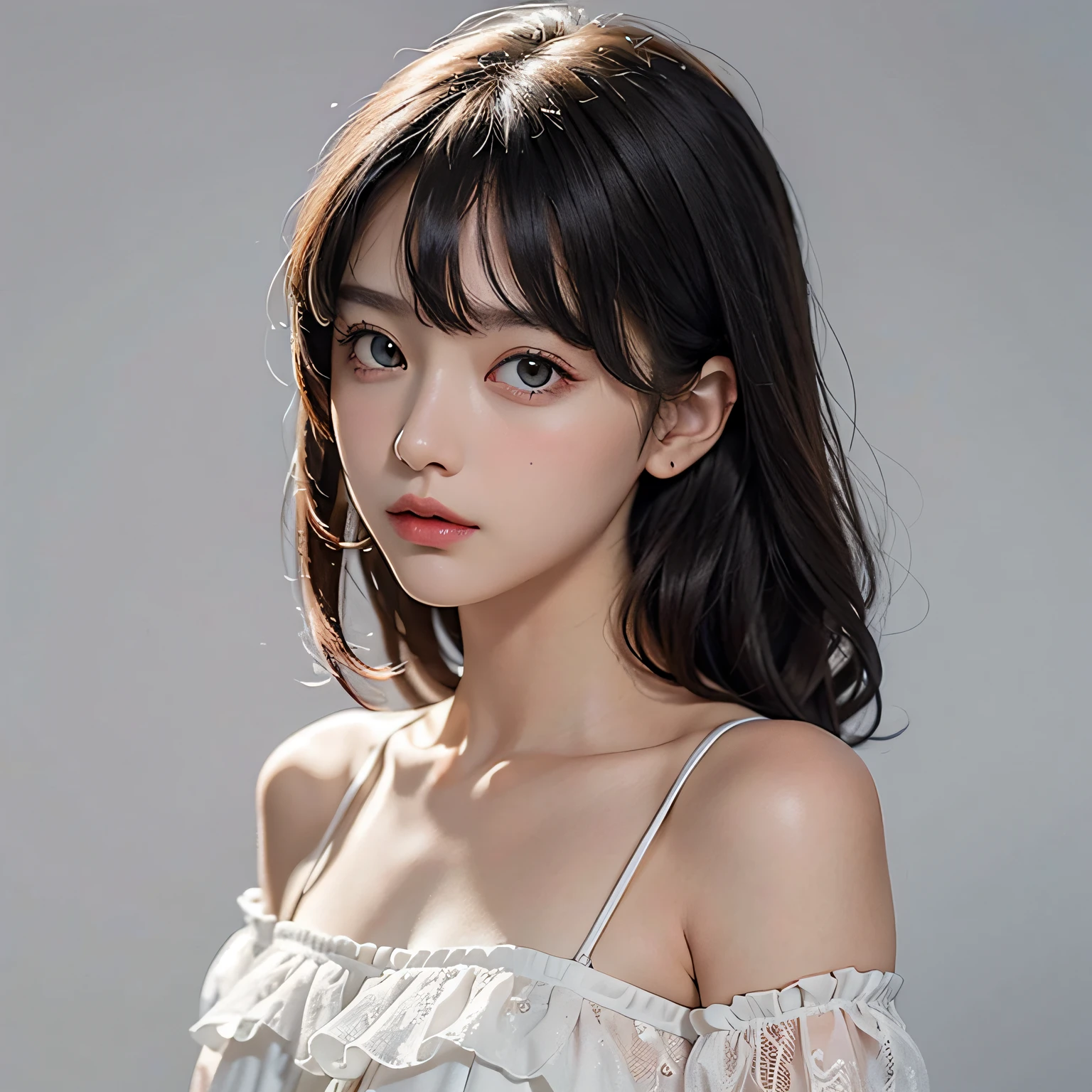 masterpiece, best quality, ultra-detailed, best shadow, beautiful detailed face, beautiful detailed eyes, High contrast,
1girl, ite, (flat chest), bangs, hair over one eye, black bare shoulders,
white background:1.3,