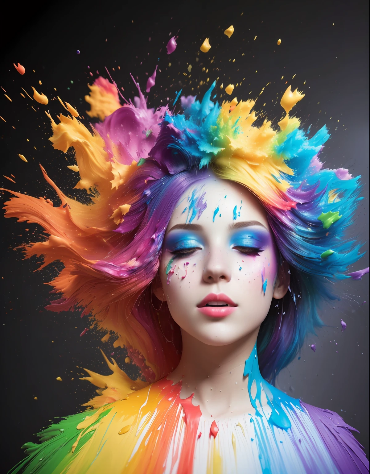 (level difference:1.8),(Paint colliding and splashing on the canvas),(depth of field),1girl's side face blends into it,(side face),open mouth,(liquid paint rainbow hair:1.1) made of paint and defies gravity,thick flowing,(paint splatter:1.3),Liquid state,stunningly beautiful, masterpiece, detailed background,ultra high quality model, ethereal background,abstract beauty, explosive volumetric, oil painting,heavy strokes,Romantic lighting,Sub-Surface Scatterring,lens 135mm,f1.8,glow,8k,high resolution, dreamy,ray tracing,hdr,god rays,