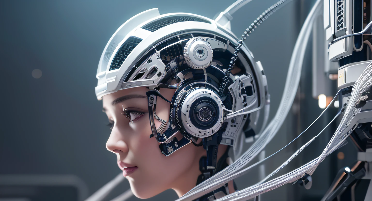 Intricate 3d rendering of highly detailed beautiful ceramic silhouette female robot face, cyborg, robotic parts, 150 mm, beautiful studio soft light, rim light, vibrant details, luxury cyberpunk, lace, surreal, anatomy , Facial Muscles, Cable Wires, Microchip, Elegant, Beautiful Background, Octane Rendering, HR Giger Style, 8k, Best Quality, Masterpiece, Illustration, Very Delicate and Beautiful, Very Detailed, CG, Uniform, Wallpaper, (fidelity, fidelity: 1.37), amazing, fine detail, masterpiece, best quality, official art, very detailed cg unity 8k wallpaper, absurd, unbelievably absurd, robot, silver helmet, full body , sit and write