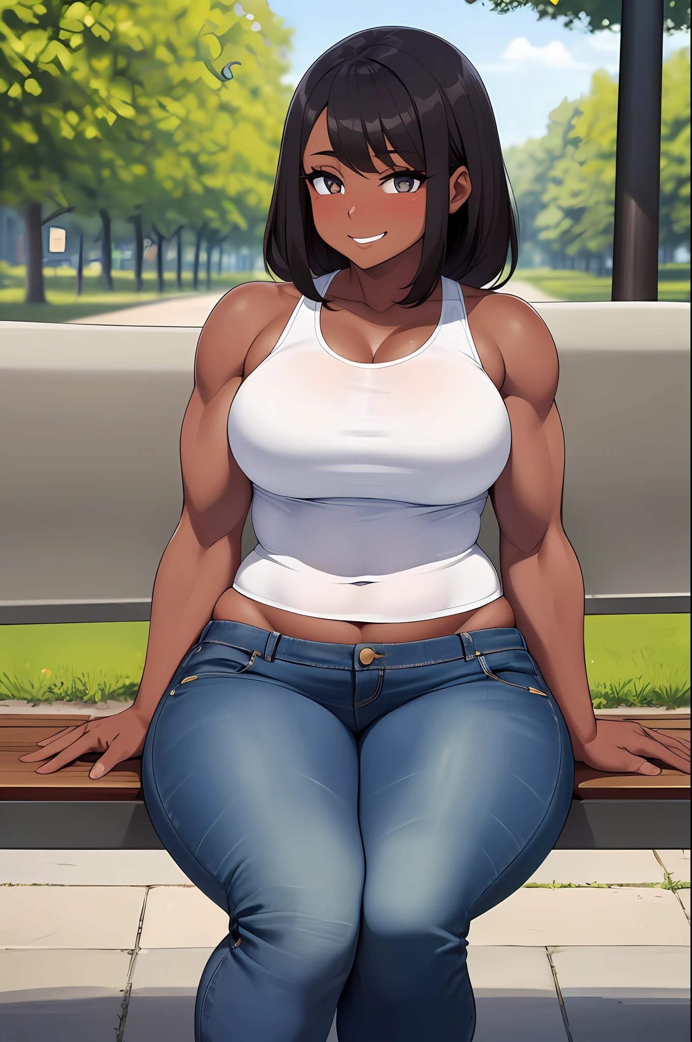 (Masterpiece, Best Quality, High Quality:1.4), (professional artwork, extremely detailed girl:1.0), 8k, detailed eyes, perfect face, 2girl, thick thighs, bottom heavy:1.4), (skindentation, long eyelashes, dark eyeshadow, looking at viewer, dark eyes, close up, cute smile, embarrassed smile, muscular, muscular arms, muscular legs, in park, dark skinned, blushing, sitting, sitting on park bench, jeans, shy