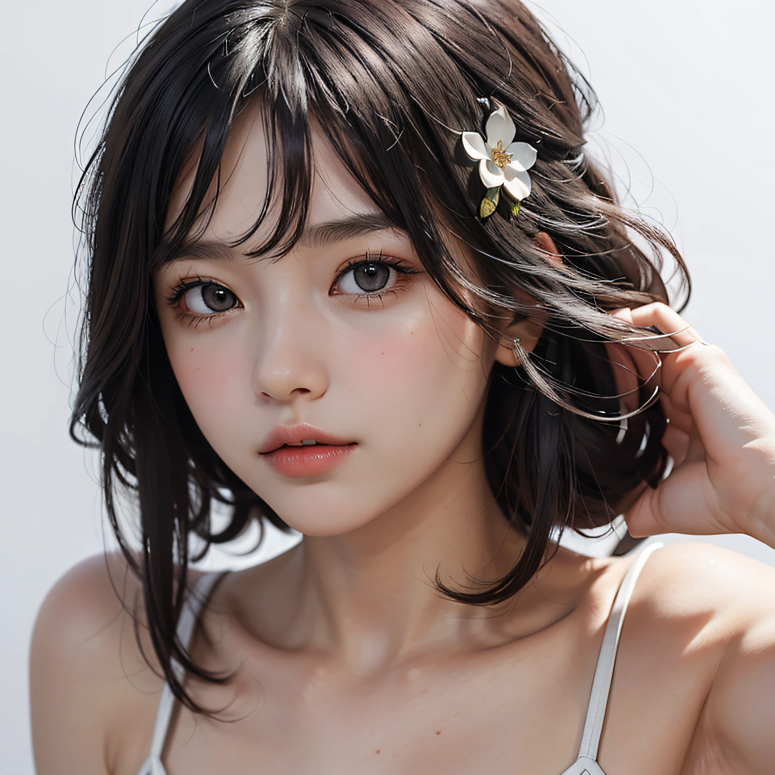 masterpiece, best quality, ultra-detailed, best shadow, beautiful detailed face, beautiful detailed eyes, High contrast,
1girl, petite, (flat chest), bangs, hair over one eye, black bare shoulders,
white background:1.3, (face focus, face shot, face close up,)