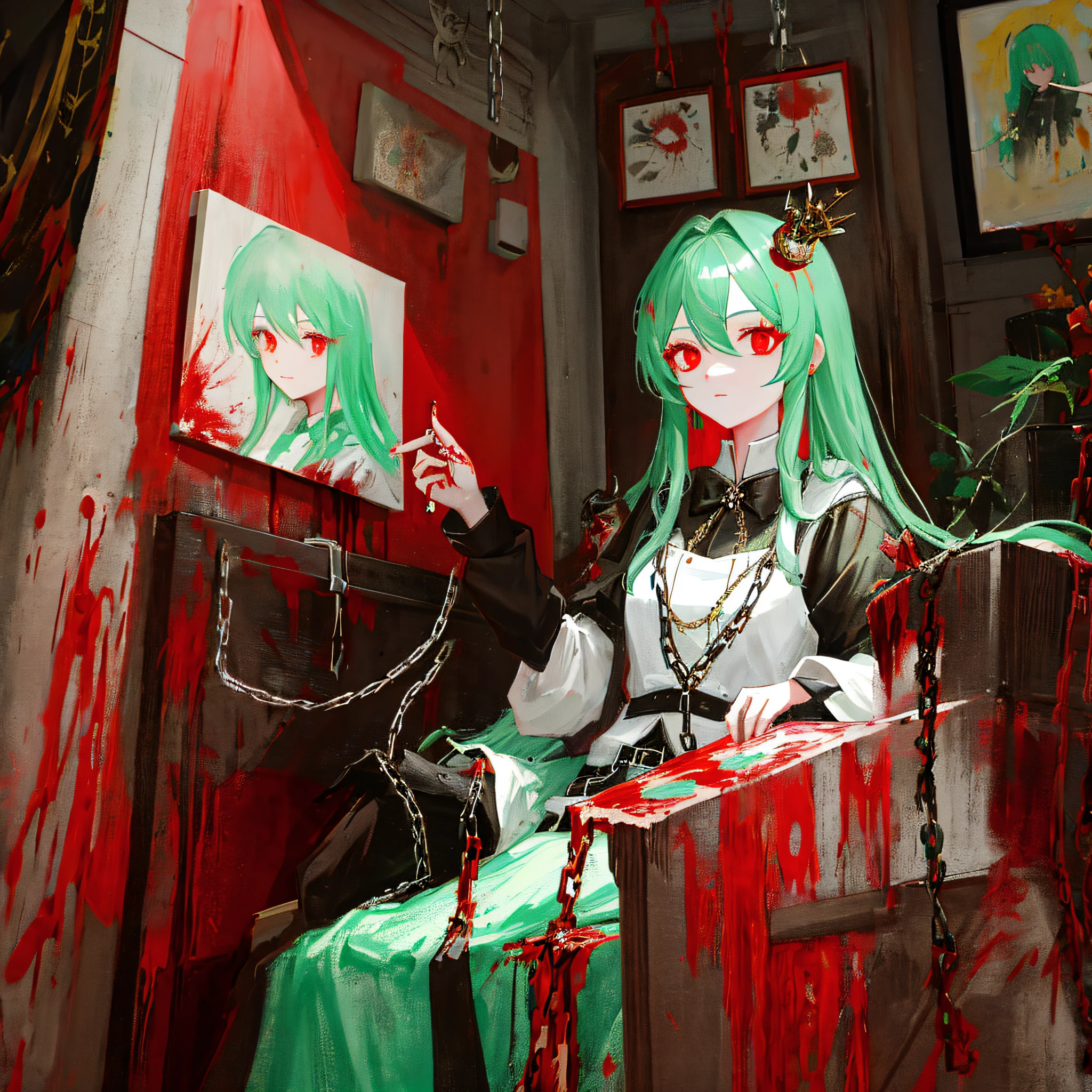 1 girl, mint long hair, red eyes, paintings, many details, chains, blood