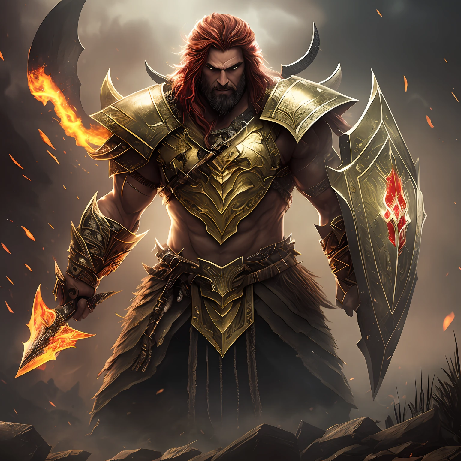 Gold armor, berserker potrait, male barbarian, fantasy art, From his look alone enemies starting to panic, one head,devilish smile, Hell beast, demon, white-fire Sky, warrior, with scythe and shield, beutiful, men, Werelion, long braided red Hair, glowing gold eyes, realisitic, highly detailed, Unreal Engine, 8k-upscale --auto --s2