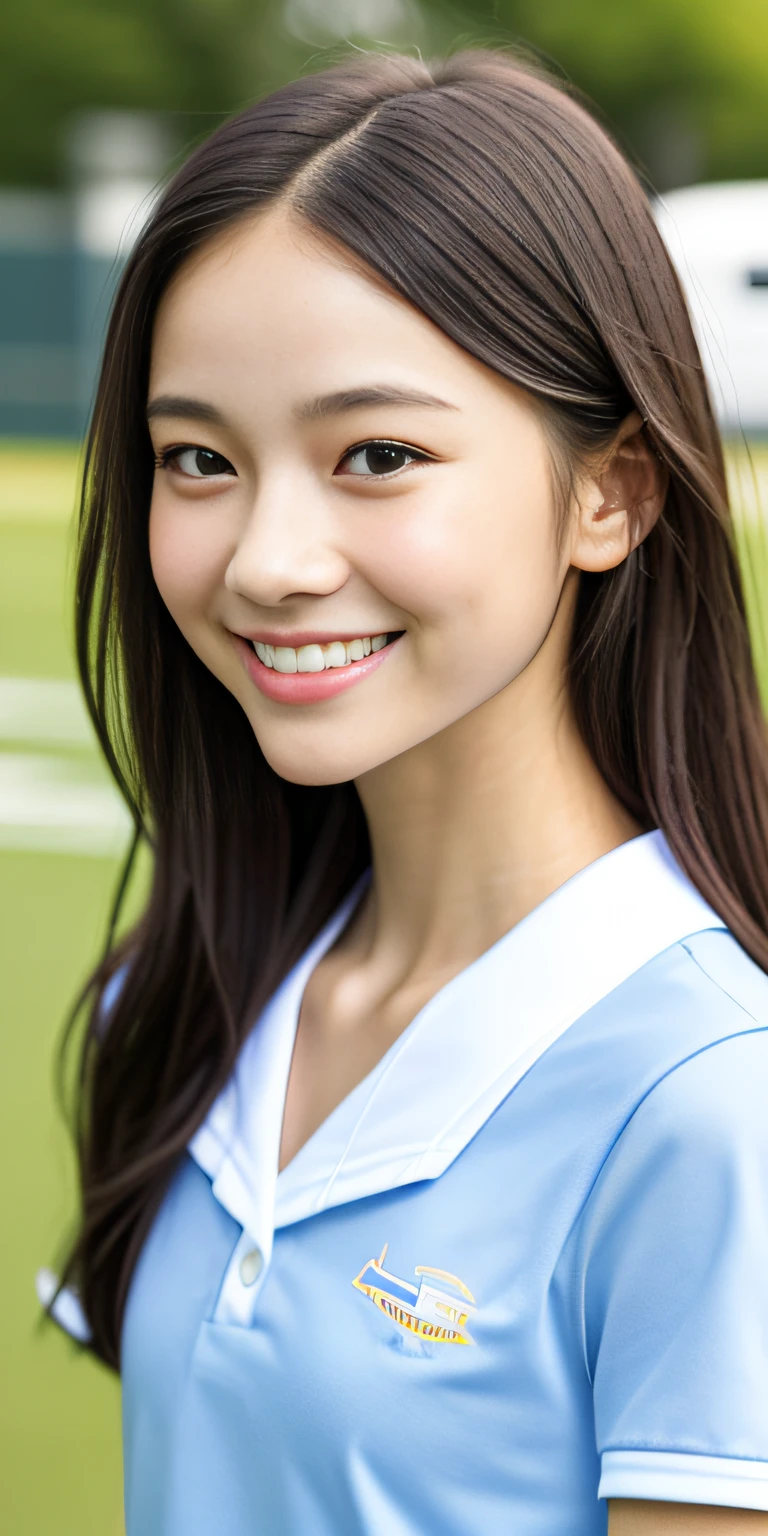 neat college girl, petite person, (school uniform, summer clothes, short sleeves), outside the athletic field, (slim, small, flat, small), photorealistic, detail, skin texture, ultra detail, delicate and sexy collarbone, smile, super detailed face, detailed lips, detailed eyes, double eyelids