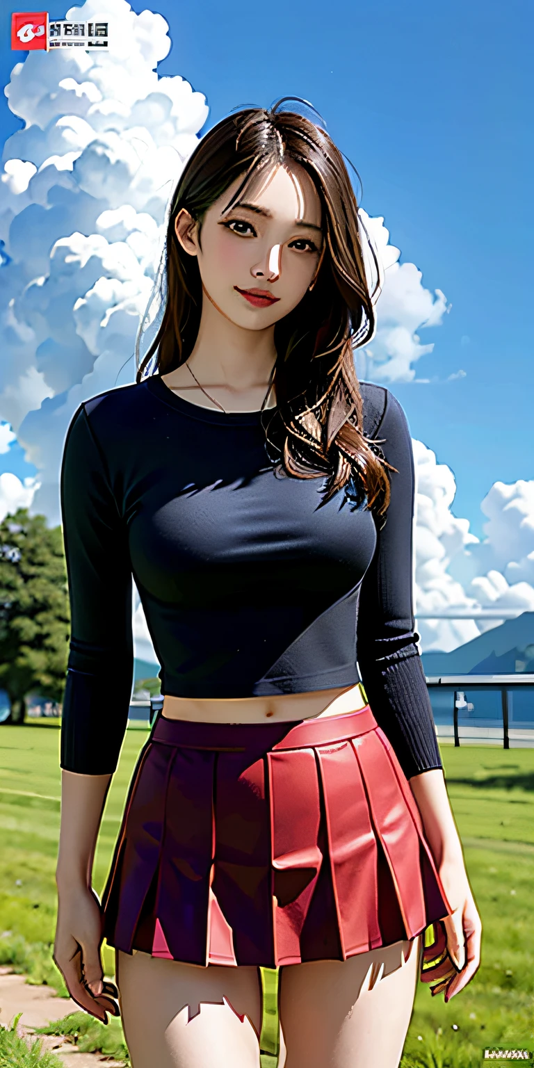 ((Masterpiece: 1.2)), Best quality, clear and delicate face, Liu Yifei, Beautiful face, fair skin, red lips, large_breasts, slim figure, school uniform, (red miniskirt:1.2), cowboy_shot, looking_at_viewer, smile, closed_mouth, outdoor, outdoor, blue sky and white clouds, green grass, high contrast, anime screen cover,