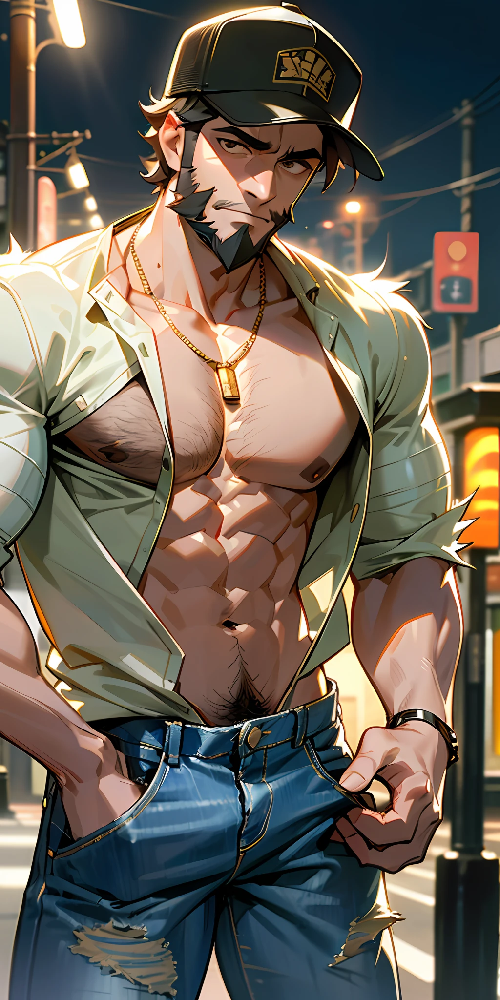 1man, short hair, toned, beard, baseball cap, shirtless, hairy body, gold chain necklace, open jeans, lamp post, masterpiece, best quality, high-res, ultra detailed, tokyo, night, (driving a motorcycle on the street), looking at the camera, front view, dynamic pose, (ripping his shirt open:1.3)