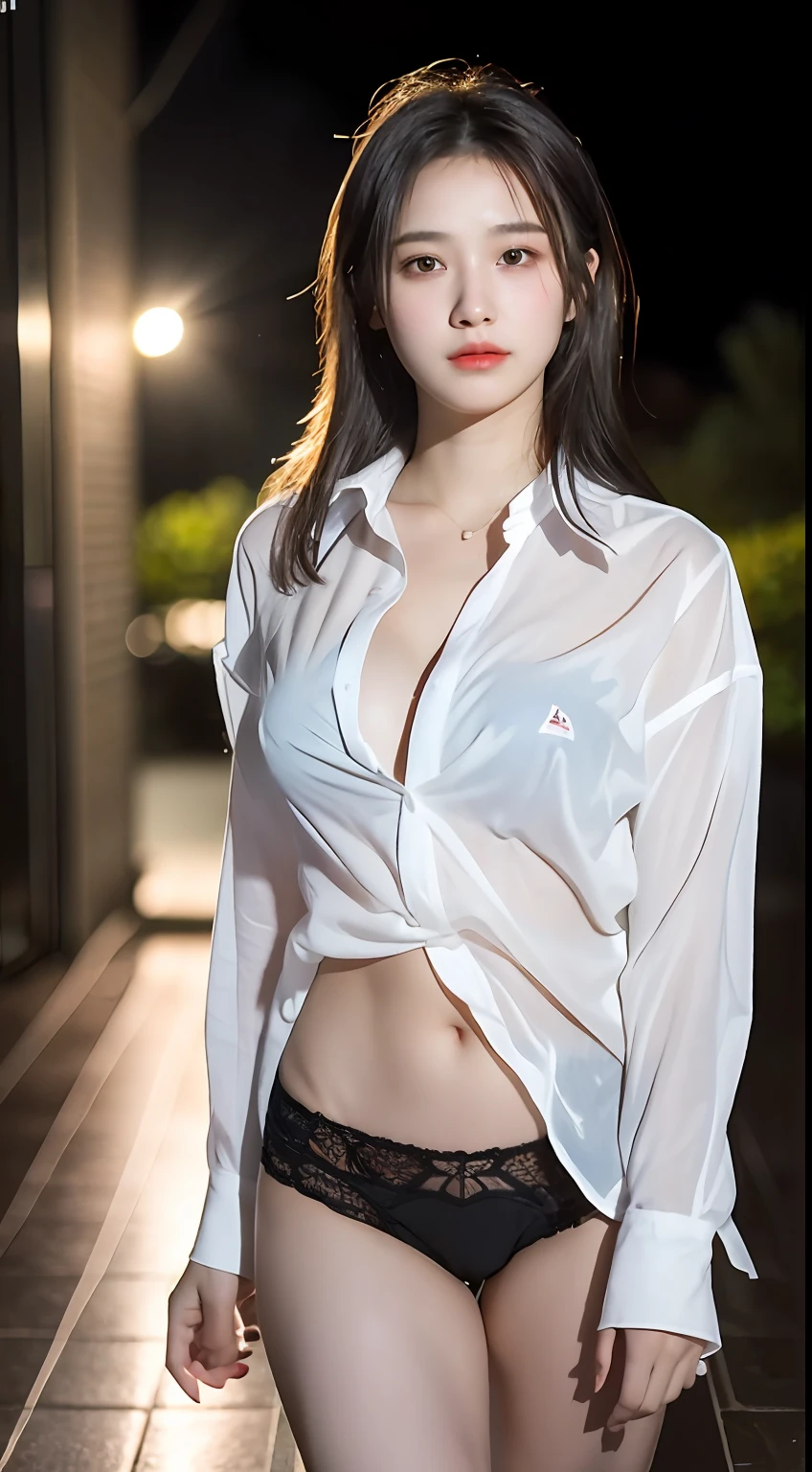 1girl, 18 years old, mix4, (8k, RAW photo, best quality, masterpiece:1.2), (realistic, photorealistic:1.37), cute, night, rain, humid, professional lighting, photon mapping, radiosity, physically based rendering, ultra high resolution, (medium breasts: 1.2), transparent shirt, no underwear,