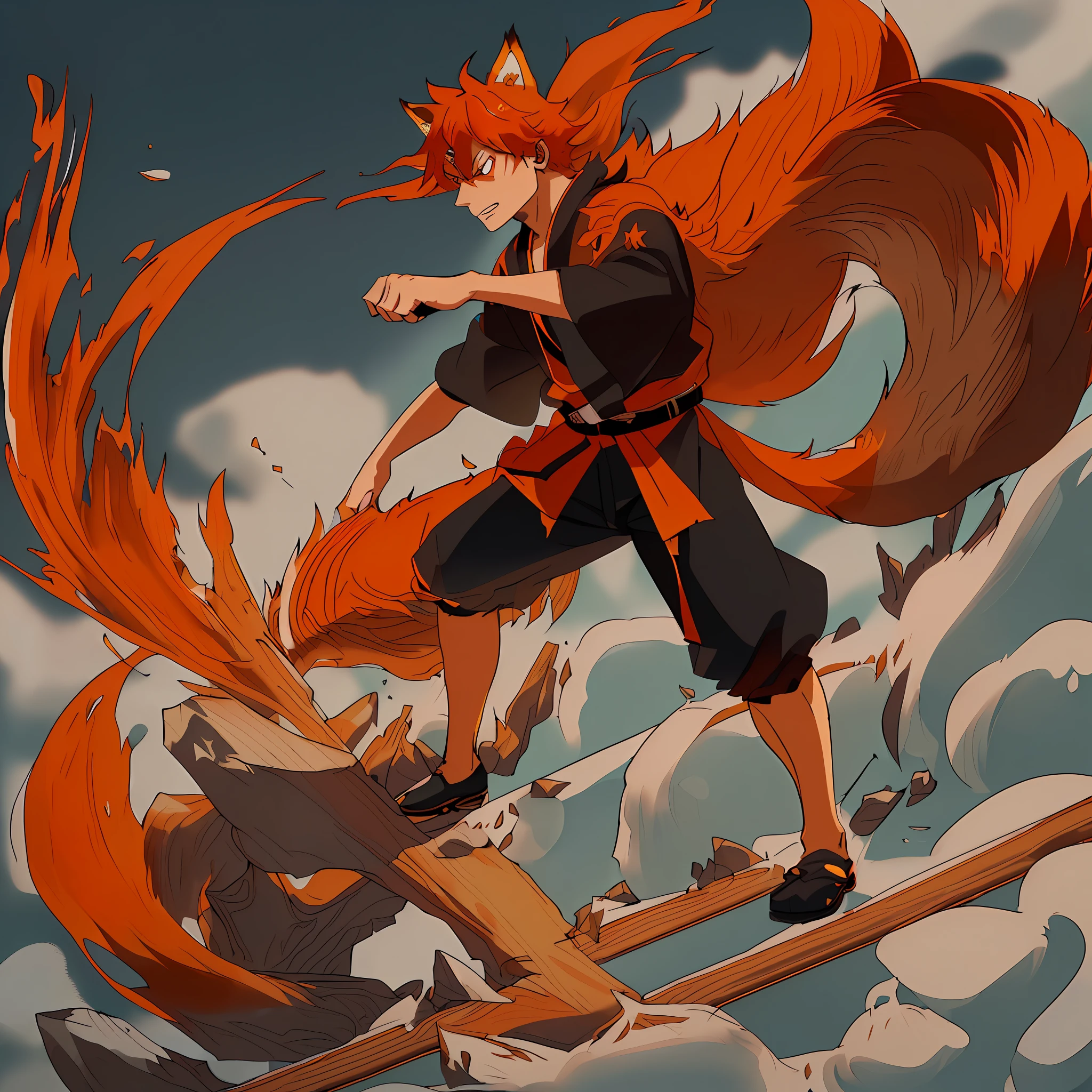 1man, (((intense))), (((fighting stance)))), ((((((((solo))))))), male kitsune, fox ears, orange fox ears, orange hair, short orange hair, orange eyes, (((black robes)), (((black pants))), tail, (((fox tail))), large bushy fox tail, well-built, (((masterpiece))), (((best quality))), (((highres))), ((perfect hands)), ((perfect anatomy))