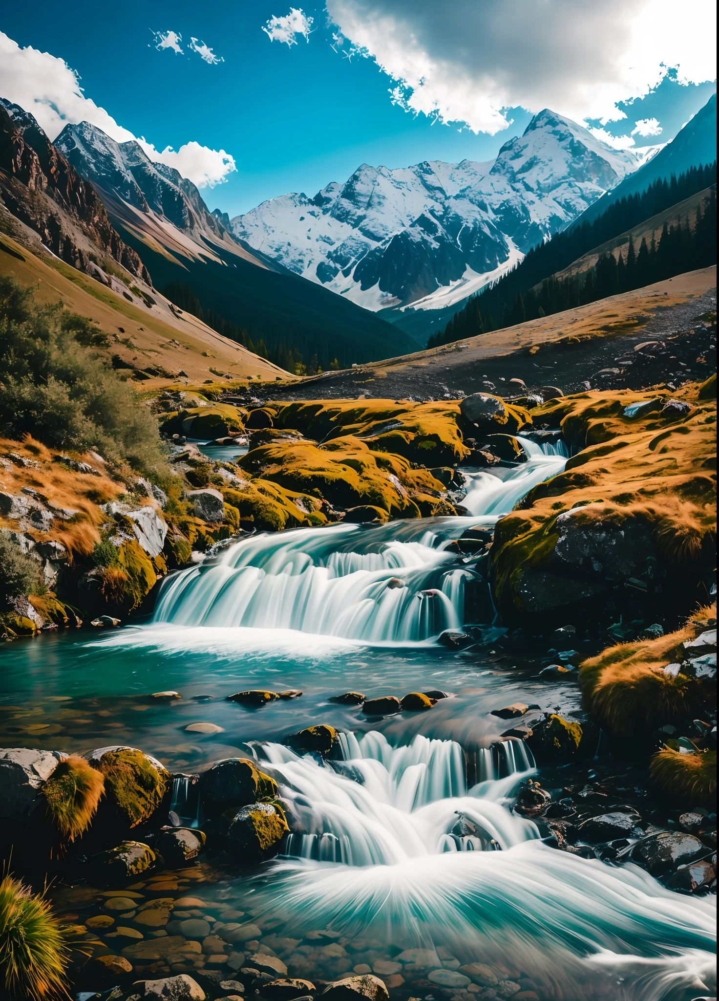 RAW photo of a landscape, mountain cascade, photorealistic, ultra-realistic photo, 8k uhd, dslr, soft lighting, high quality, film grain, Fujifilm XT3, (masterpiece)