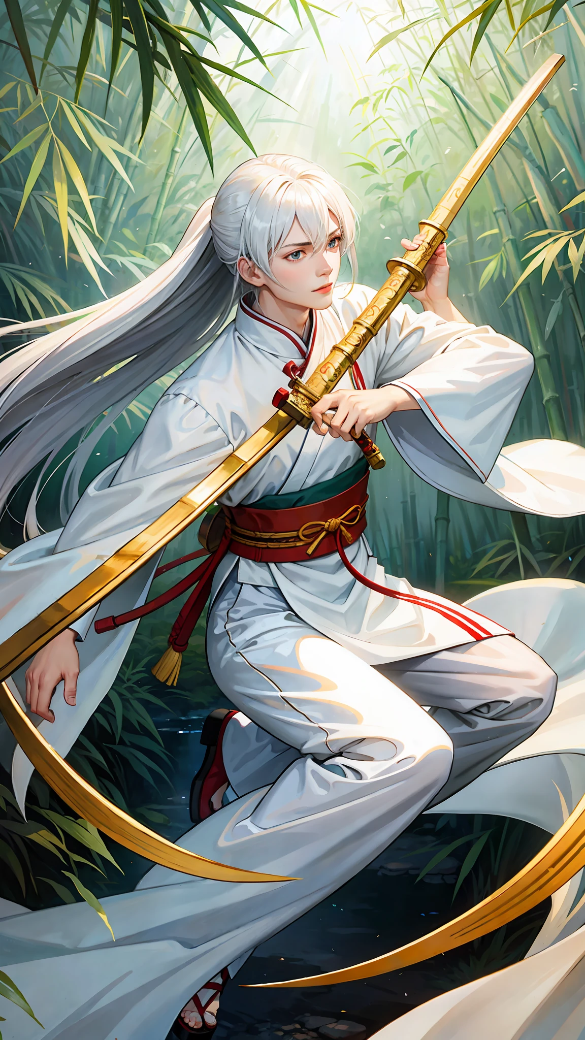 White long hair, a teenager, martial arts, hero, Hanfu, Chinese sword, white robe, bamboo forest, depth of field, best quality, best quality, light watercolor style, dark tone.