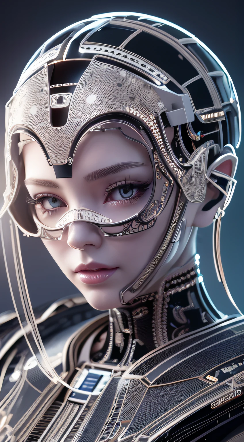 Intricate 3d rendering of highly detailed beautiful ceramic silhouette female robot face, cyborg, robot parts, 150 mm, beautiful studio soft light, rim light, vibrant details, luxury cyberpunk, lace, surreal, anatomy , Facial Muscles, Cable Wires, Microchips, Elegance, Beautiful Background, Octane Rendering, HR Giger Style, 8k, Best Quality, Masterpiece, Illustration, Very Delicate and Beautiful, Very Detailed, CG, Uniform, Wallpaper, ( fidelity, fidelity: 1.37), stunning, fine detail, masterpiece, best quality, official art, very detailed cg unity 8k wallpaper, absurd, unbelievably absurd, robot, silver helmet, full body, sit and write
