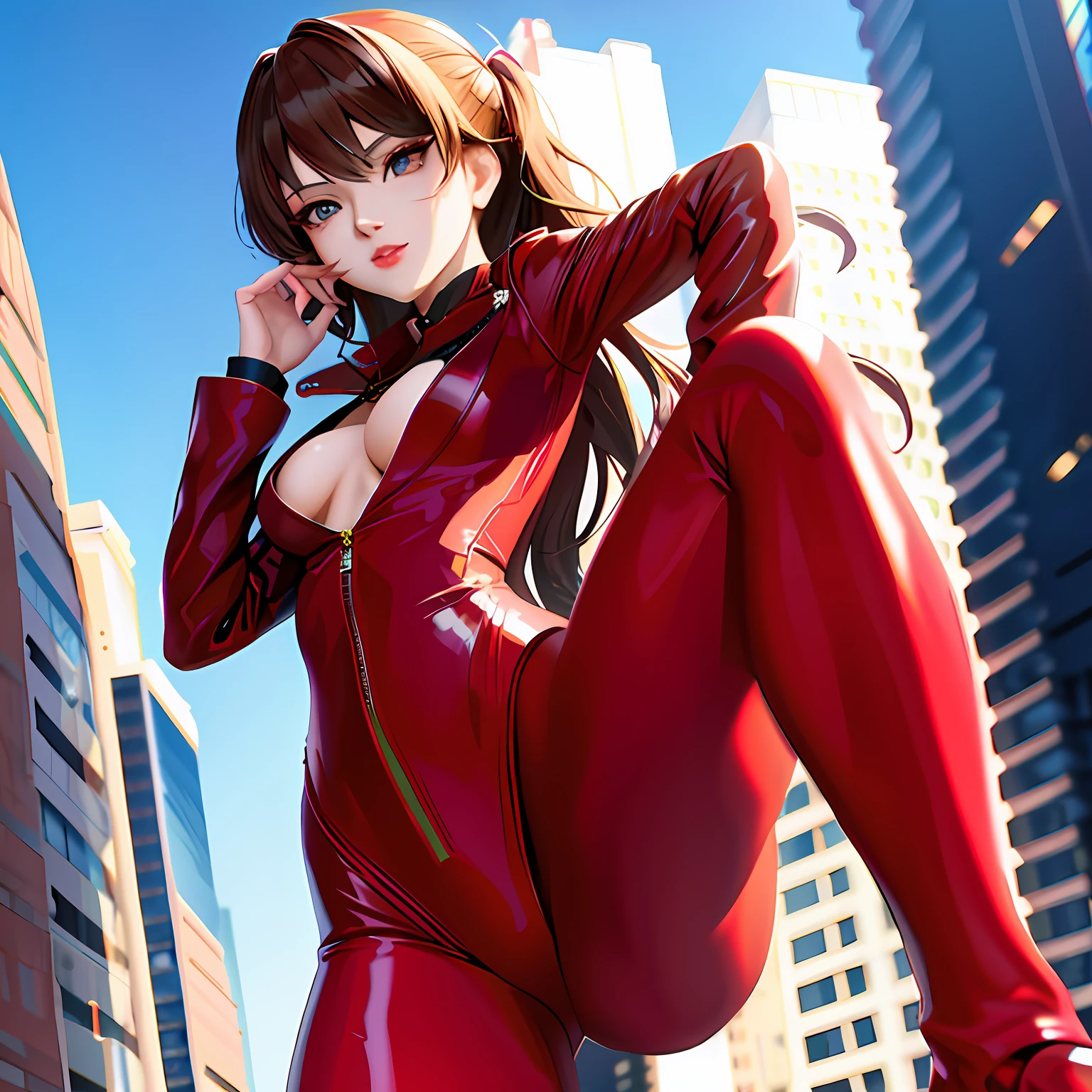 there is a woman in a red latex outfit posing for a picture, full body zenkai! asuka suit, rin tohsaka, range murata and artgerm, ann takamaki from persona 5, photorealistic anime girl render, smooth anime cg art, asuka suit under clothes!, seductive anime girl, persona 5 art style wlop
