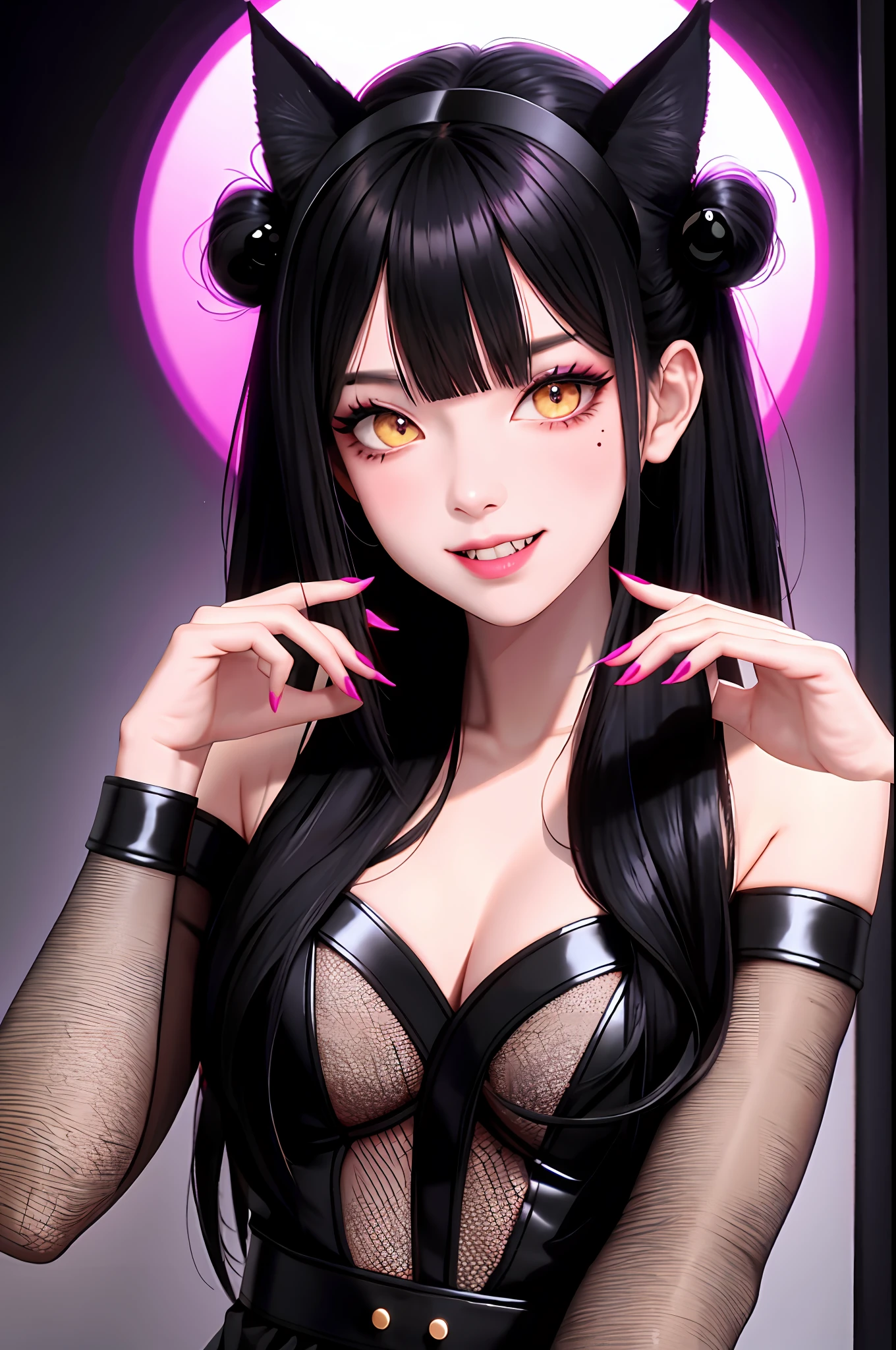 black hair, hair bobbles, wince, longeyelashes, solid circle eyes, fake animal ears, light smile, ear blush, fang, multicolored hair, mole under eye, Surrealism, drop shadow, anaglyph, stereogram, tachi-e, pov, atmospheric perspective, depth of field, film grain, rococo style, 8k, super detail, ccurate, best quality