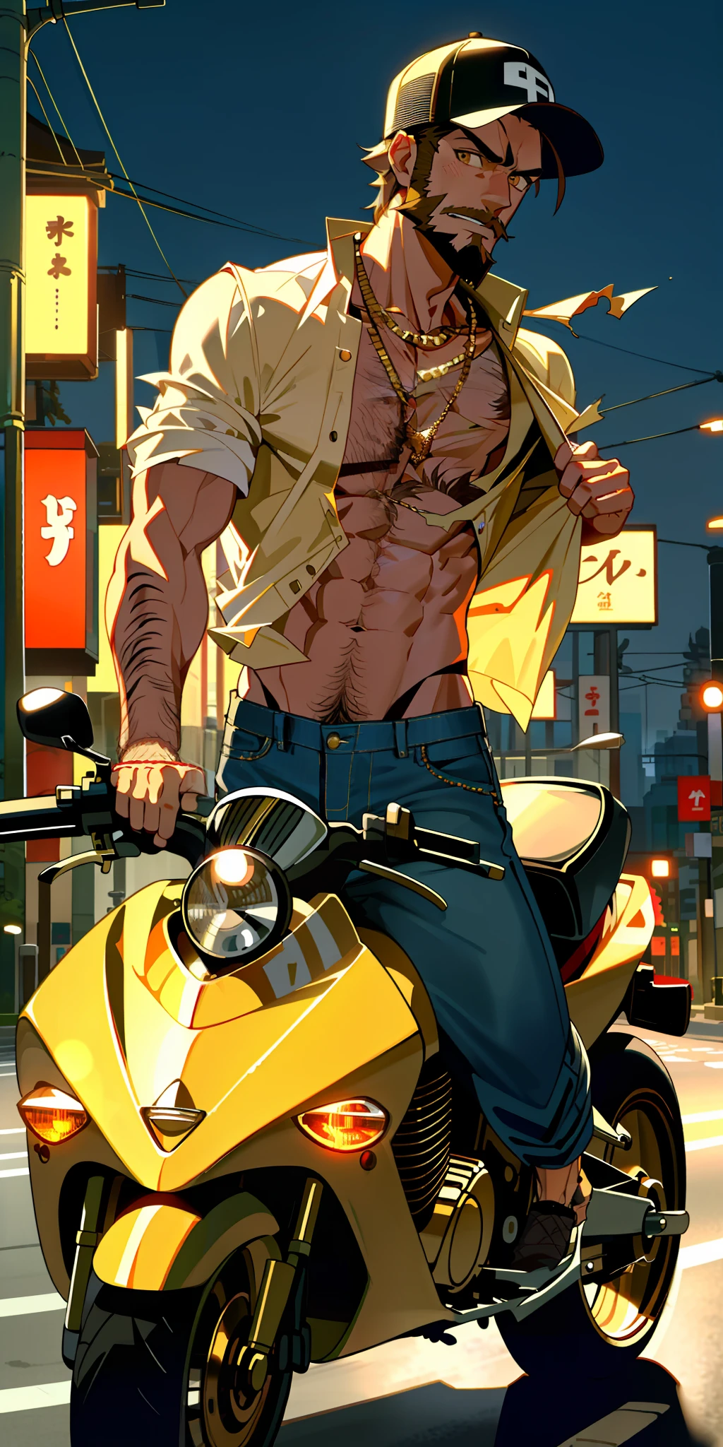1man, short hair, toned, beard, baseball cap, (ripping his shirt open:1.3), hairy body, gold chain necklace, open jeans, lamp post, masterpiece, best quality, high-res, ultra detailed, tokyo, night, (driving a motorcycle on the street), looking at the camera, front view, dynamic pose