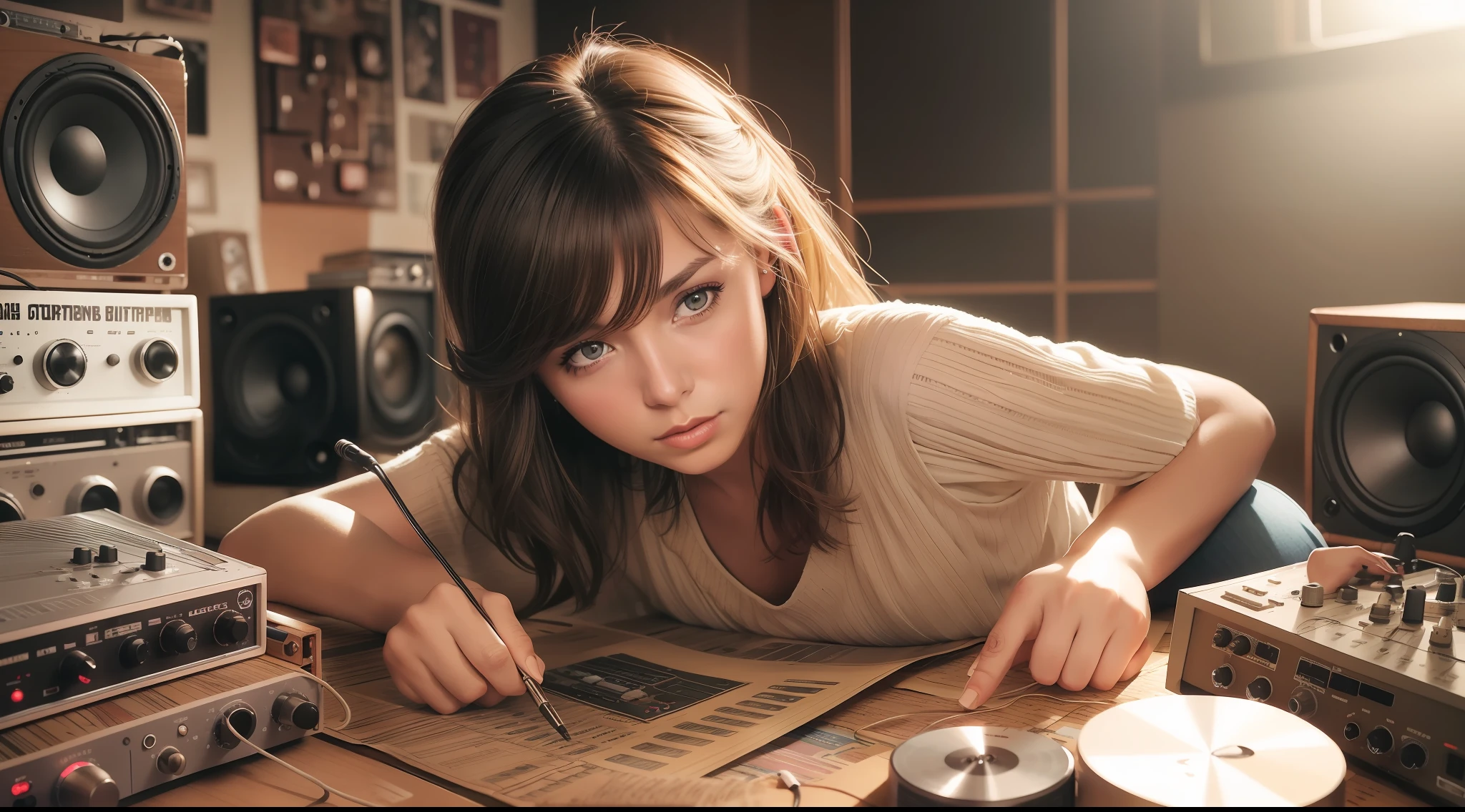 grainy old realistic photo of a beautiful female singer sitting in a crowded messy dusty, cozy audio studio with vintage amps, synts, old used speakers, wires, microphones, audio equipment, in 1973, posters on the wall, paper notes on the floor, extreme high quality, volumetric lighting, light rays shining trough the windows, cinematic lighting, backlights, crimson sunset, depth of field, retro, low angle shot, perspective, ambient occlusion, misty, old, warm, intimate, perfect ???????, symetric face, 70's fashion by Chris Burkard