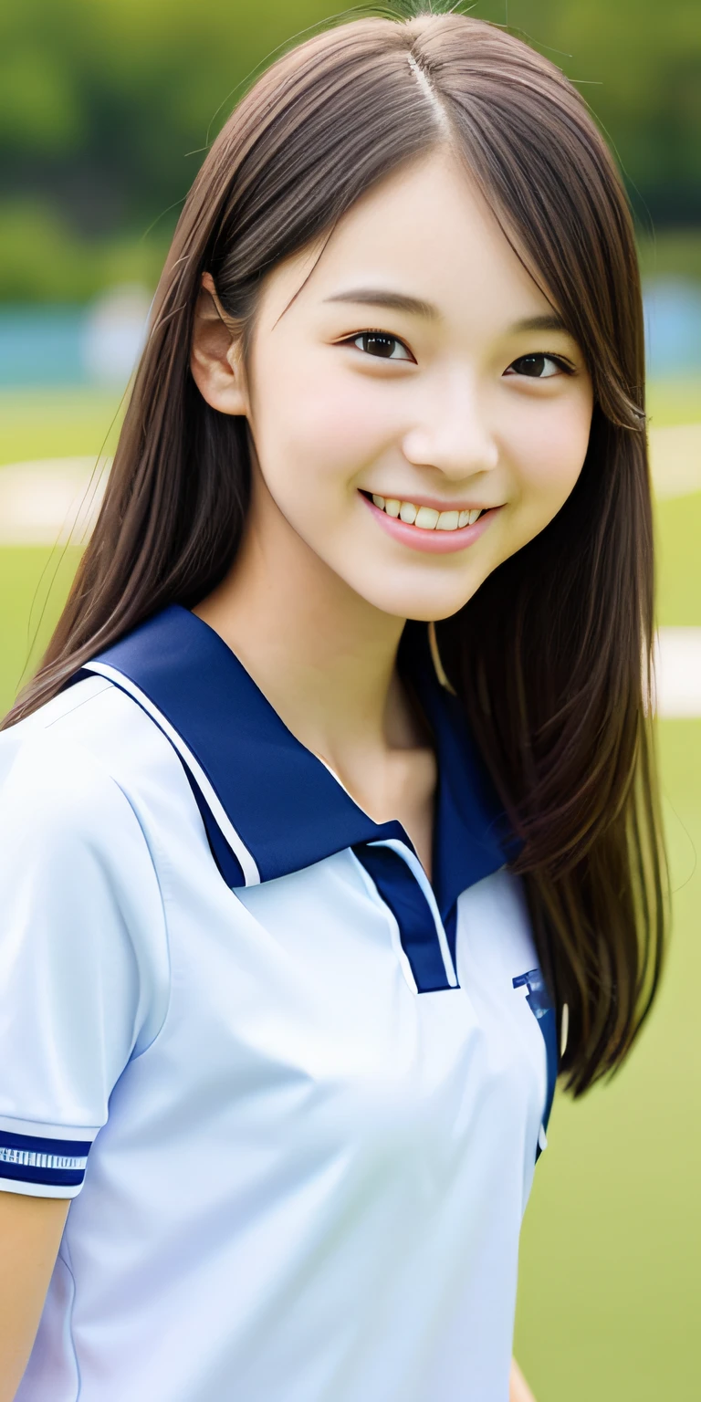 neat college girl, petite person, (school uniform, summer clothes, short sleeves), outside the athletic field, (slim, small, flat, small), photorealistic, detail, skin texture, ultra detail, delicate and sexy collarbone, smile, super detailed face, detailed lips, detailed eyes, double eyelids