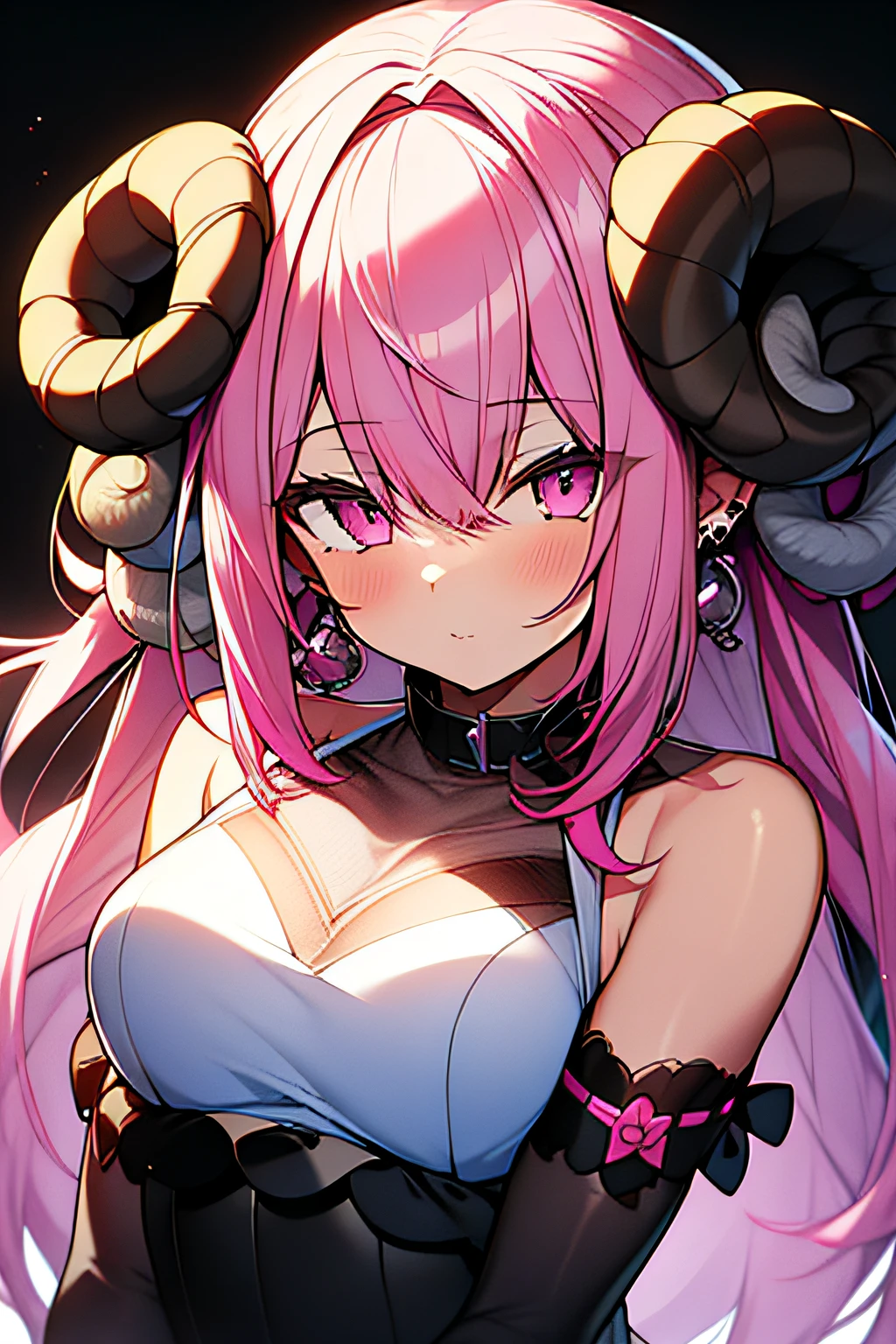 absurdres, (Personification of a sheep:1.2),a girl with pink hair and piercings on her ears and eyes with hearts and hearts around her eyes, Aya Goda, official art,