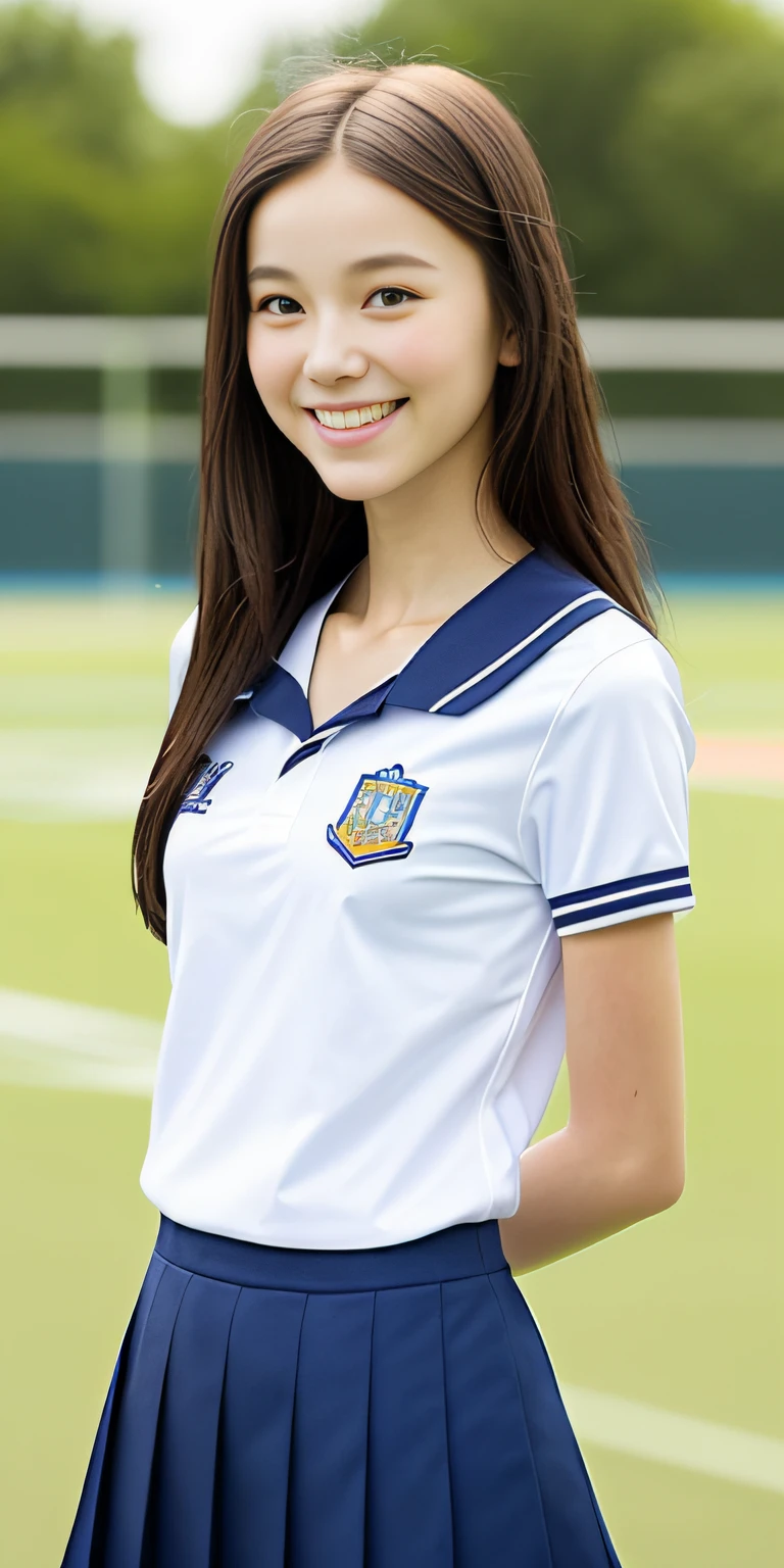 neat college girl, petite person, (school uniform, summer clothes, short sleeves), outside the athletic field, (slim, small, flat, small), photorealistic, detail, skin texture, ultra detail, delicate and sexy collarbone, smile, super detailed face, detailed lips, detailed eyes, double eyelids