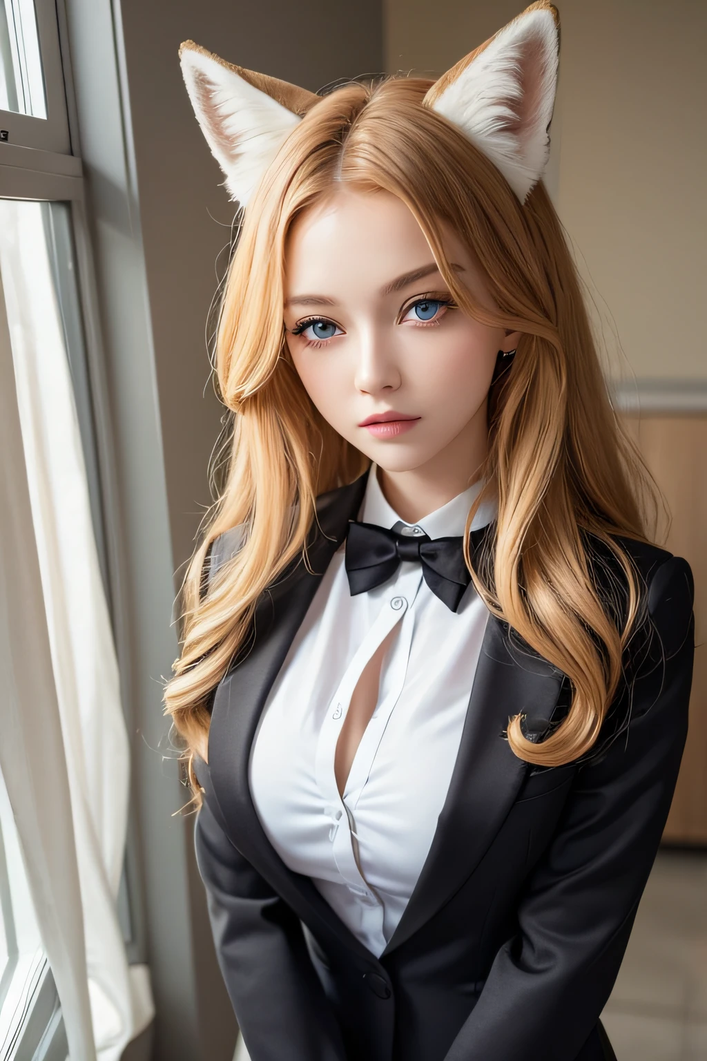 masterpiece, best quality, beautiful young woman,golden curly hair,Blue eyes,white fox ears, wear black office suit