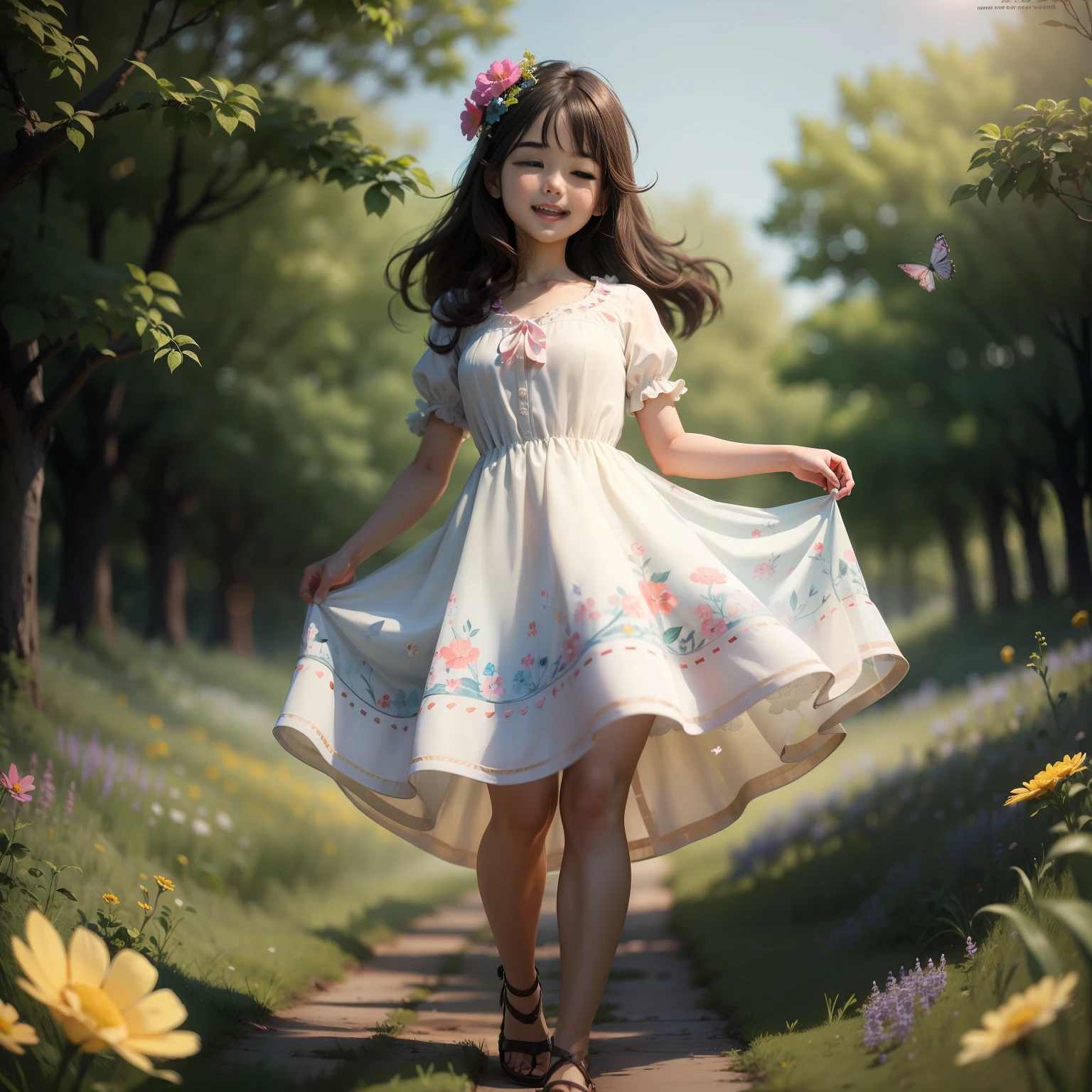 • High Detail, Ultra Detail, Ultra High Resolution A girl standing, in a flowery, full-body, cute and innocent dress is enjoying her time in an open field, surrounded by the beauty of nature, with the warm sun shining on her and wildflowers swaying gently in the breeze. Butterflies and birds fly around her, increasing the playful atmosphere, she is very happy, joy exuberance --v6